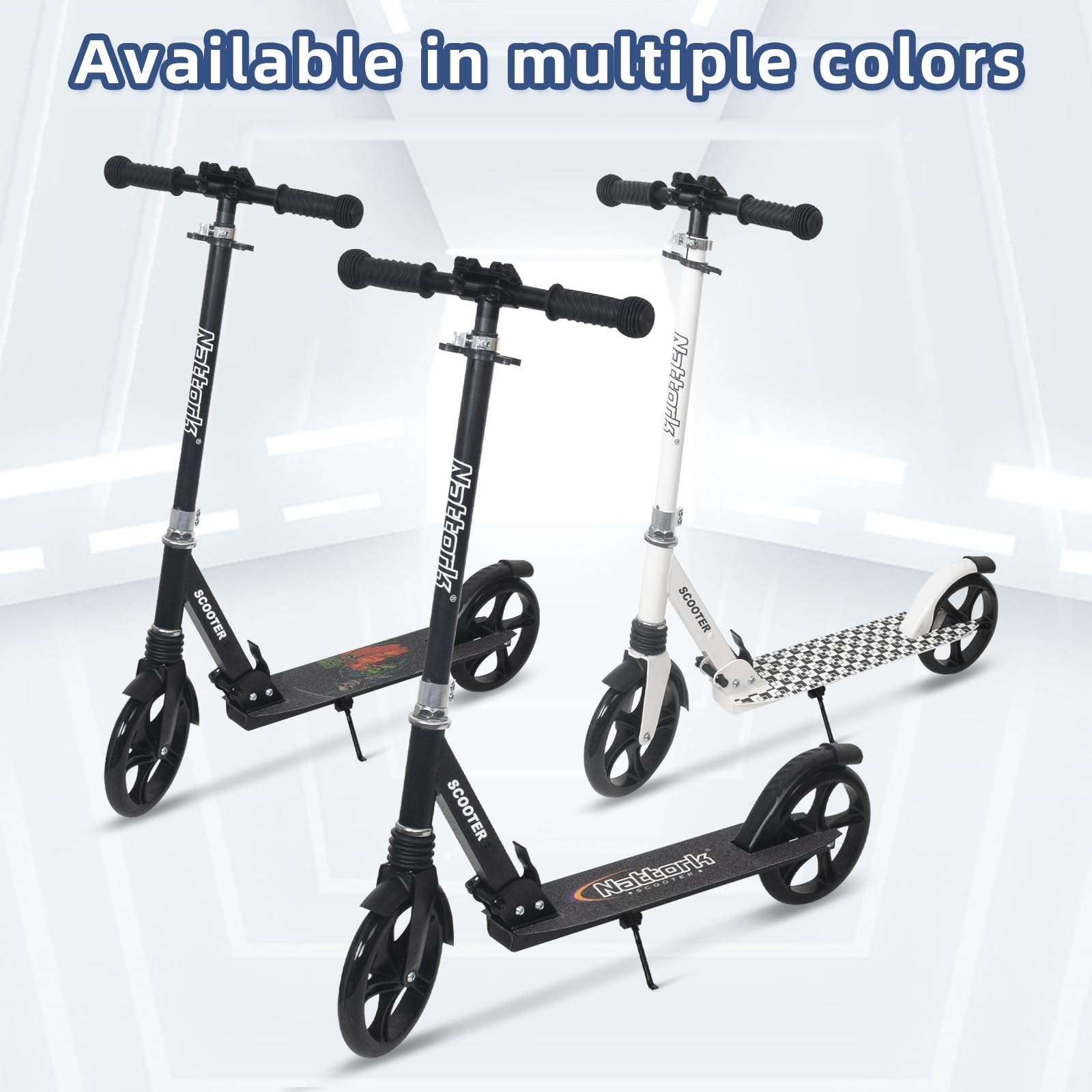 Nattork Kick Scooter for Kids 6+ Years Teens Adults - 220LB Weight Capacity, Front Shock Absorber and Adjustable Handlebar - Smooth Ride with 8" Sturdy Wheels, Ideal for Outdoor Sports White