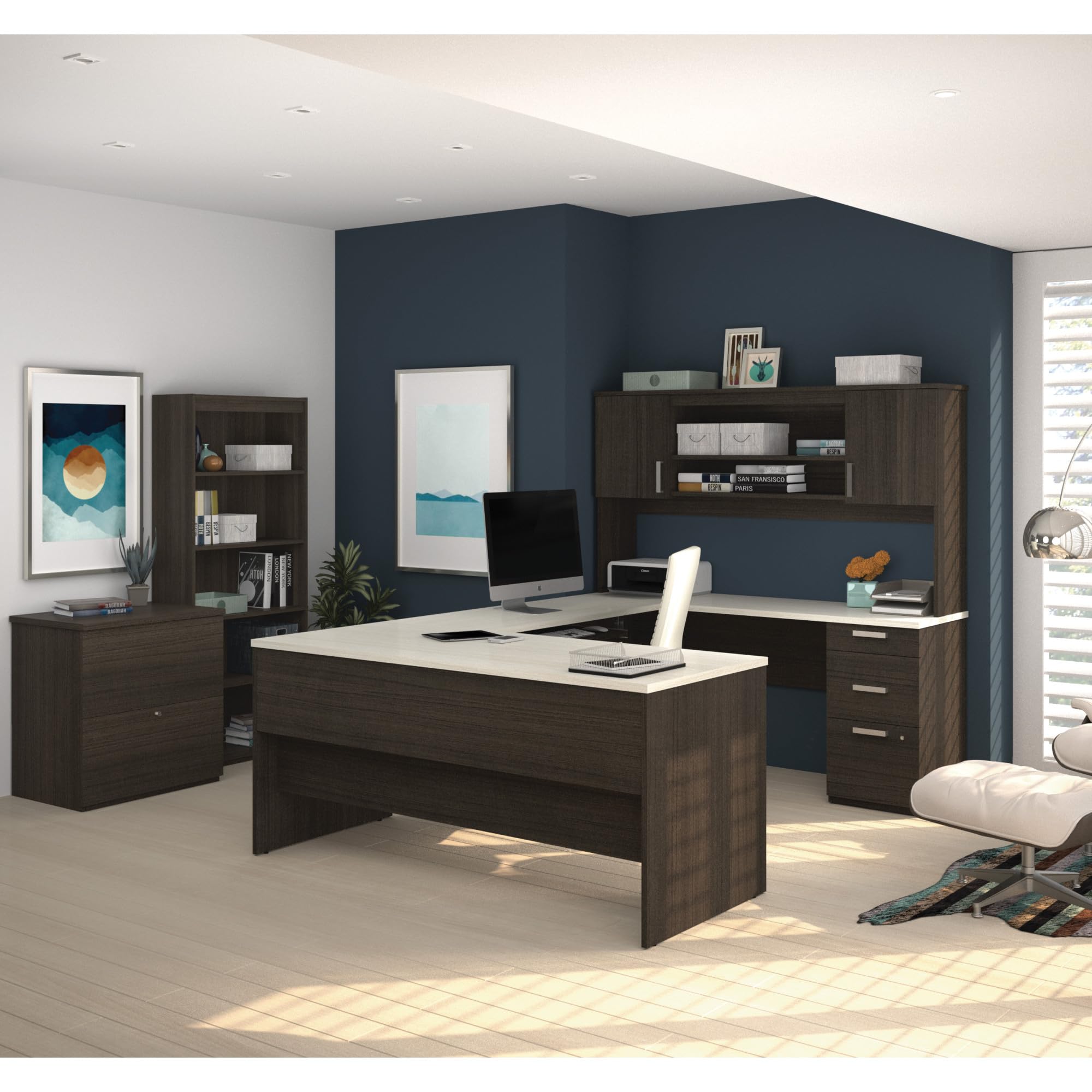 Bestar, Ridgeley Collection, 3-Piece Set Including a U-Shaped Desk with Hutch, a Lateral File Cabinet, and a Bookcase