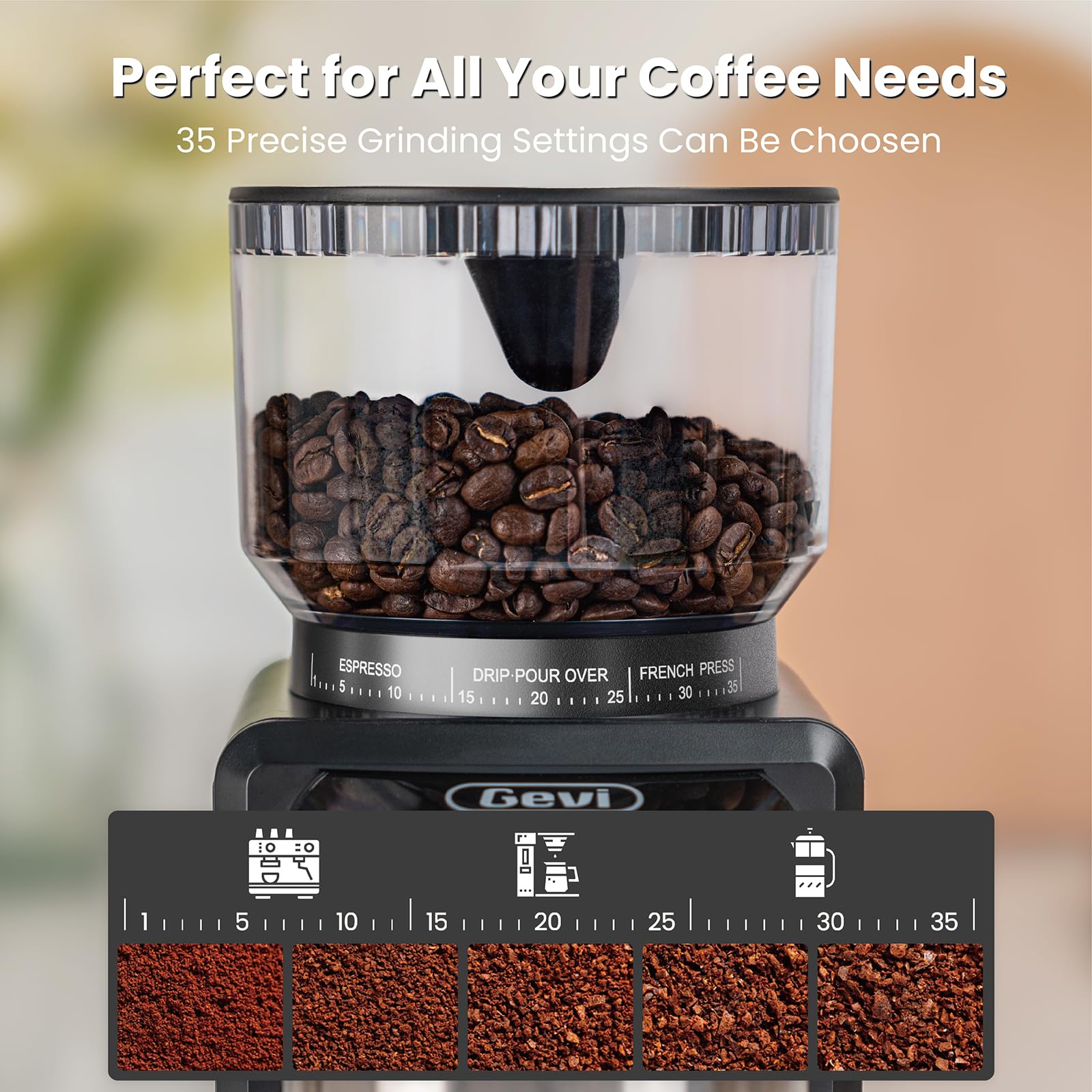 Gevi Burr Coffee Grinder, Adjustable Conical Burr Mill with 35 Precise Grind Settings, Anti-Static, Coffee Grinder Electric for Espresso/Drip/Percolator/French Press/American/Turkish Coffee Makers