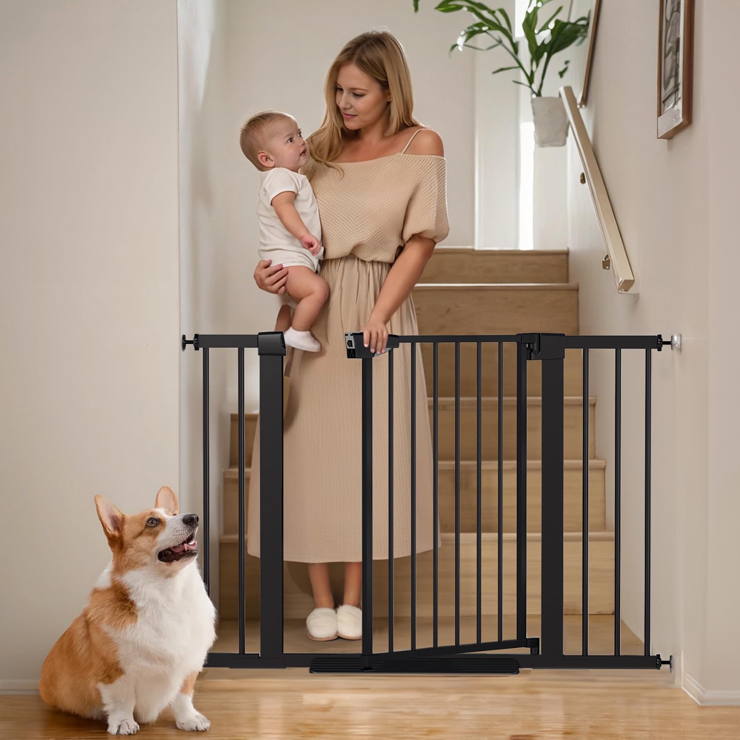 Mumeasy Baby Gate for Stairs - 29.6-46" Auto Close Dog Gate for Doorways, Extra Wide Child Gate Indoor, Walking Through Safety Gate for Kid, Pet Gates No Drilling Black, Mom's Choice Awards Winner