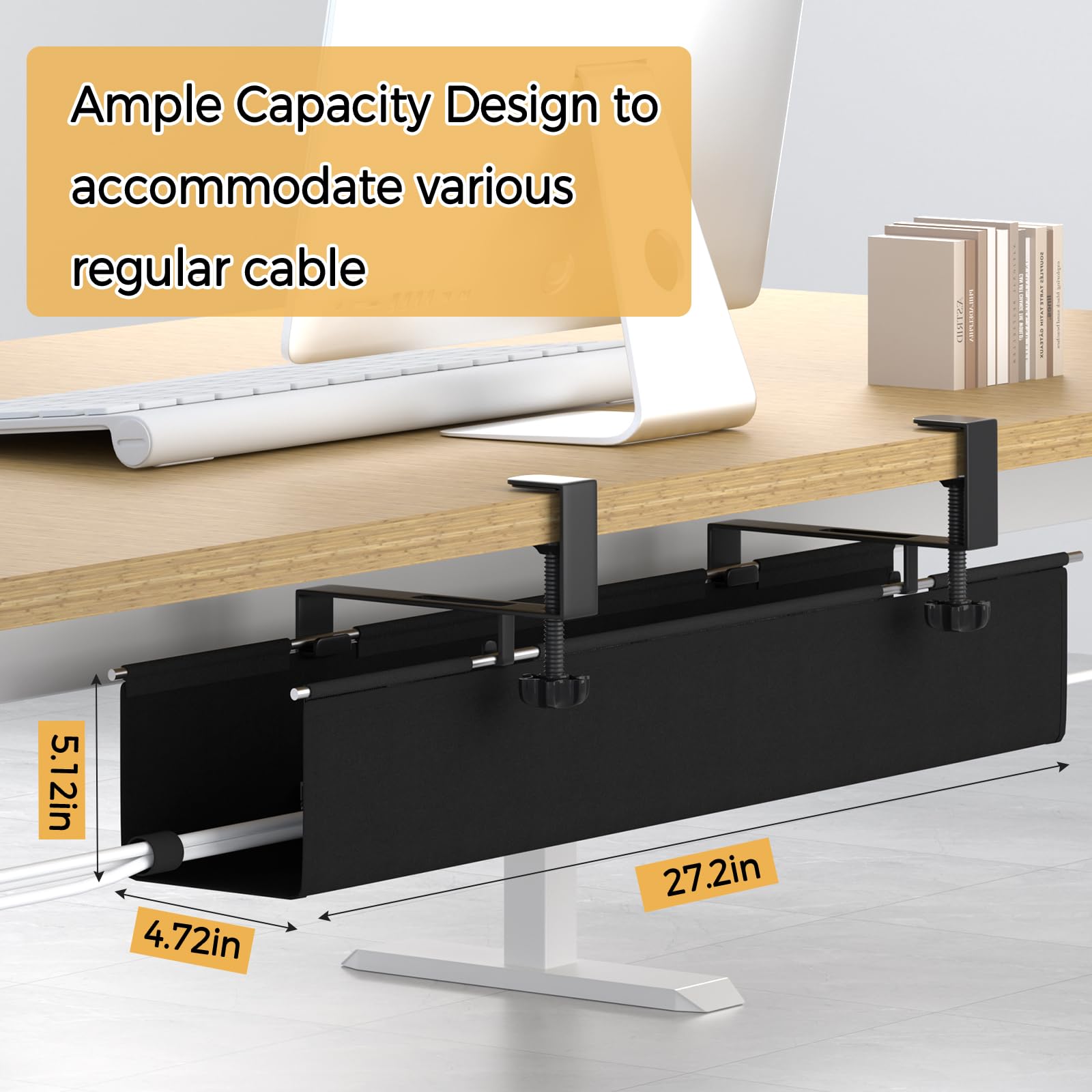 Under Desk Cable Management Tray - 27.2'' Desk Cord Organizer Clamp-on Computer Wire Organizer Cable Tray No Drill, with 16X Cable Ties Hide PC Cable Management for Office/Home,Fabric Desk Cord Holder