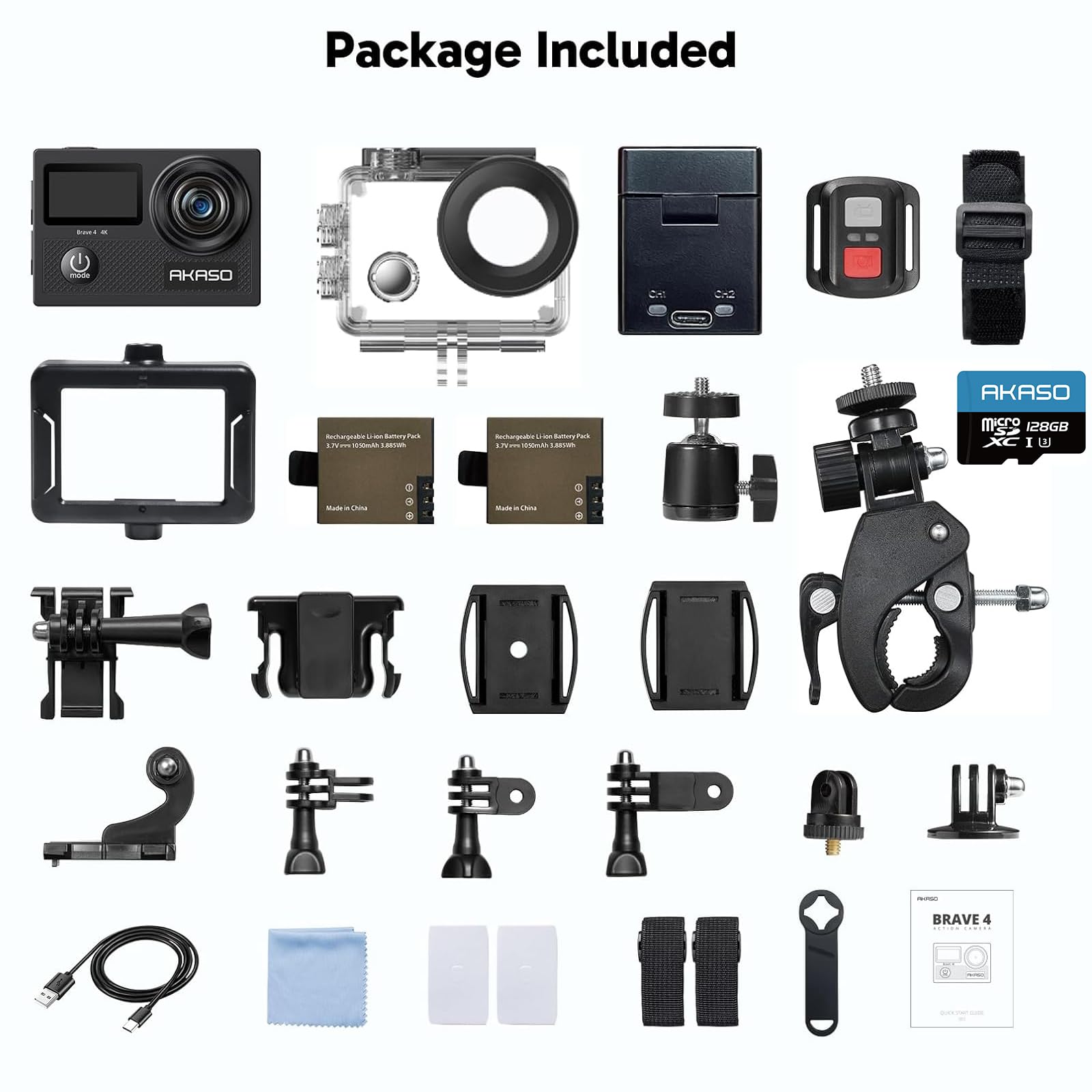 AKASO Brave 4 Action Camera 4K 30fps with 128GB MicroSDXC Card 20MP Ultra HD 131FT Waterproof Underwater Camera EIS WiFi Remote Control 5X Zoom Sport Cameras with Bicycle Accessories Kit Bundle