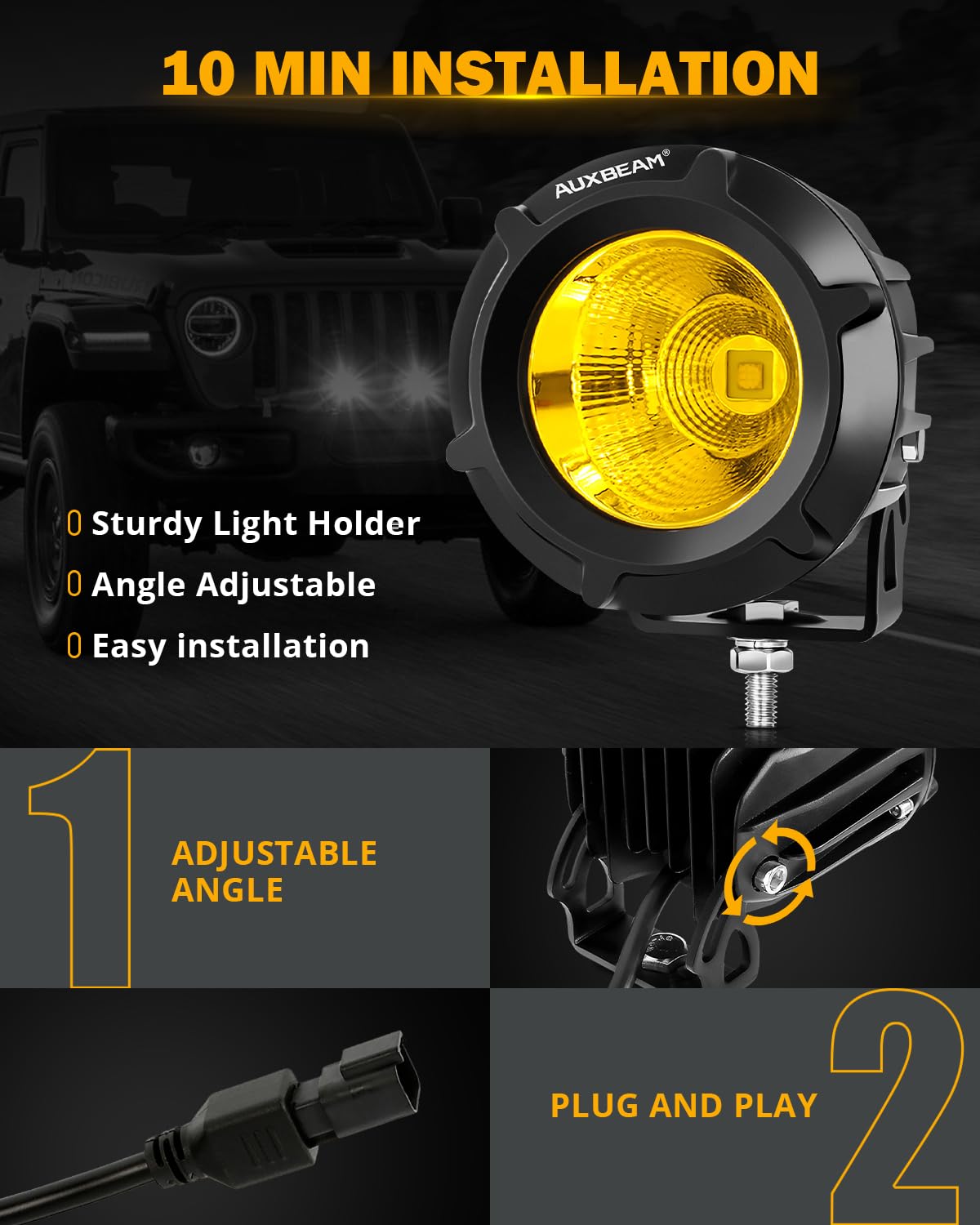 Auxbeam Amber Fog Lights, 3.5 Inch 50W Round Led Offroad Light 5000LM Yellow Round Led Pods with Wiring Harness Kit, Spot Flood Combo Driving Lights for Truck ATV UTV Motorcycle Off-Roading