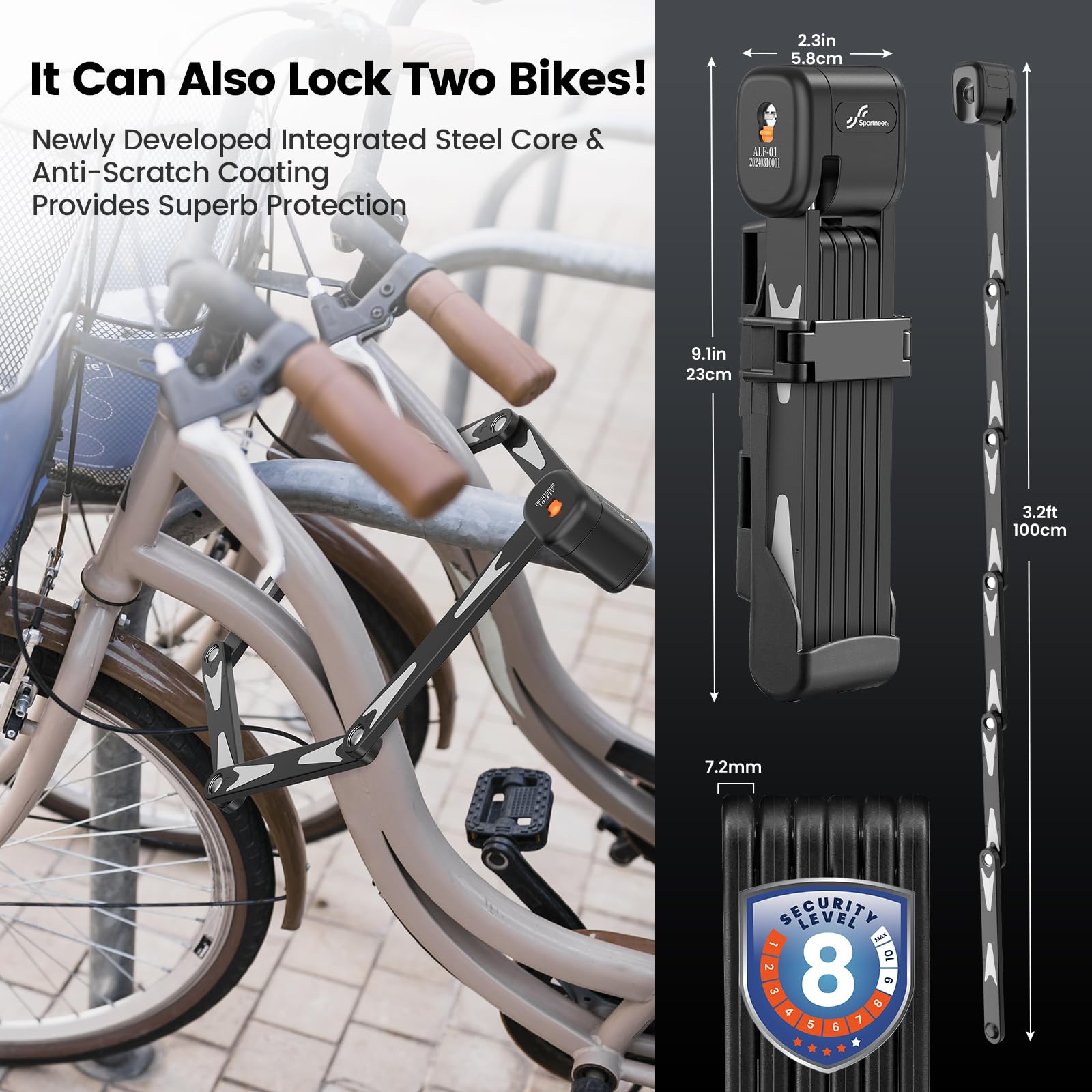 Sportneer Bike Lock - High Security Folding Bicycle Lock Art Certified - Bike Locks Heavy Duty Anti Theft with 3 Stainless Keys and Mount Bracket for Bicycles Scooter Ebike - 95cm/3.12ft