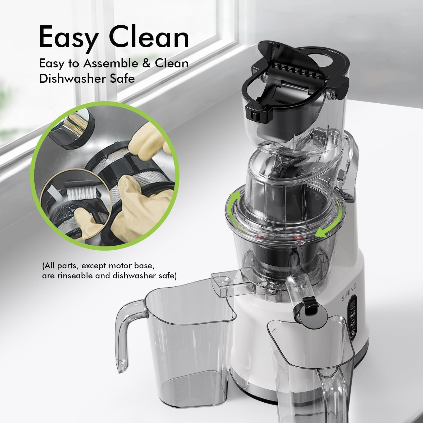 Easy-Use Cold Press Juicer, SiFENE 83mm Wide-Mouth Vertical Slow Masticating Juicer, Whole Fruit & Veg Juice Extractor, Easy to Clean, BPA Free, Quiet Motor with Reverse Function, White