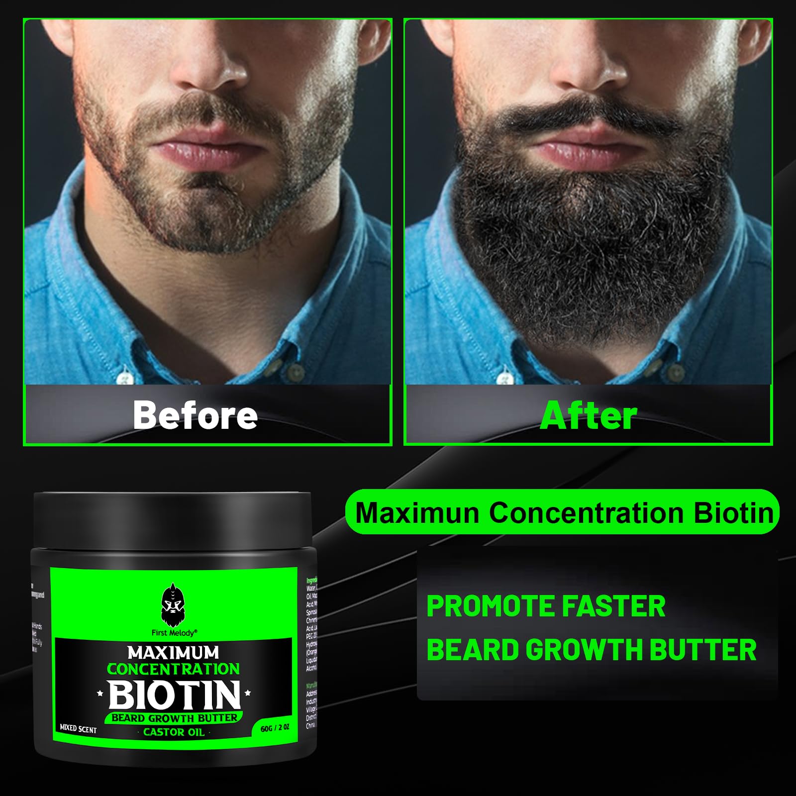 Beard Butter,Maximum Concentration Biotin,with Castor Oil and Argan & Jojoba Oils, Promotes Beard Growth, Styles, Strengthens & Softens Beards ,Unruly Beards While Relieving Itch,2 Ounce*2(2 Pack)