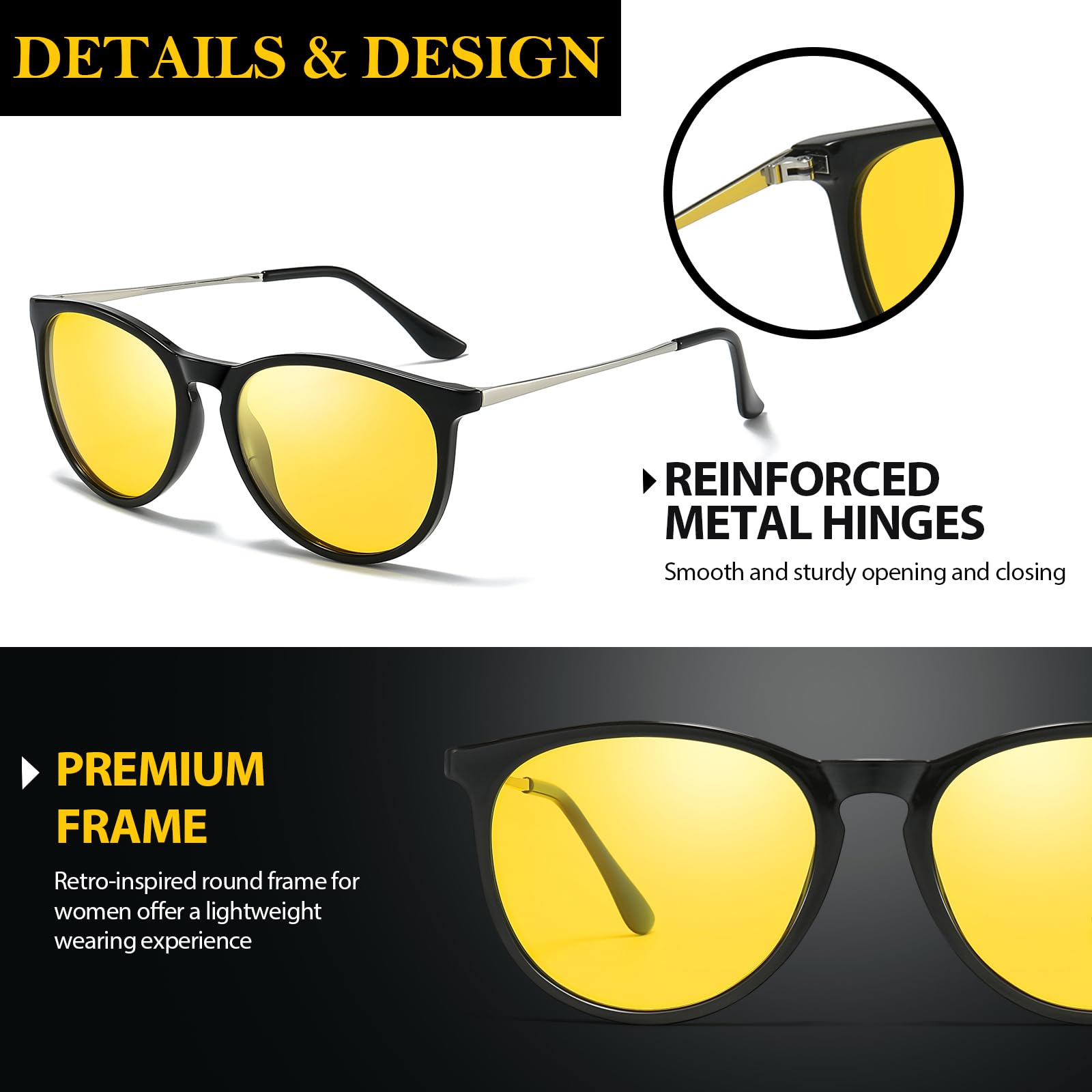 TJUTR Night Vision Driving Glasses for Women Men, Polarized Yellow Lens Reduce Glare, Safety Nighttime & UV Protection TN2559