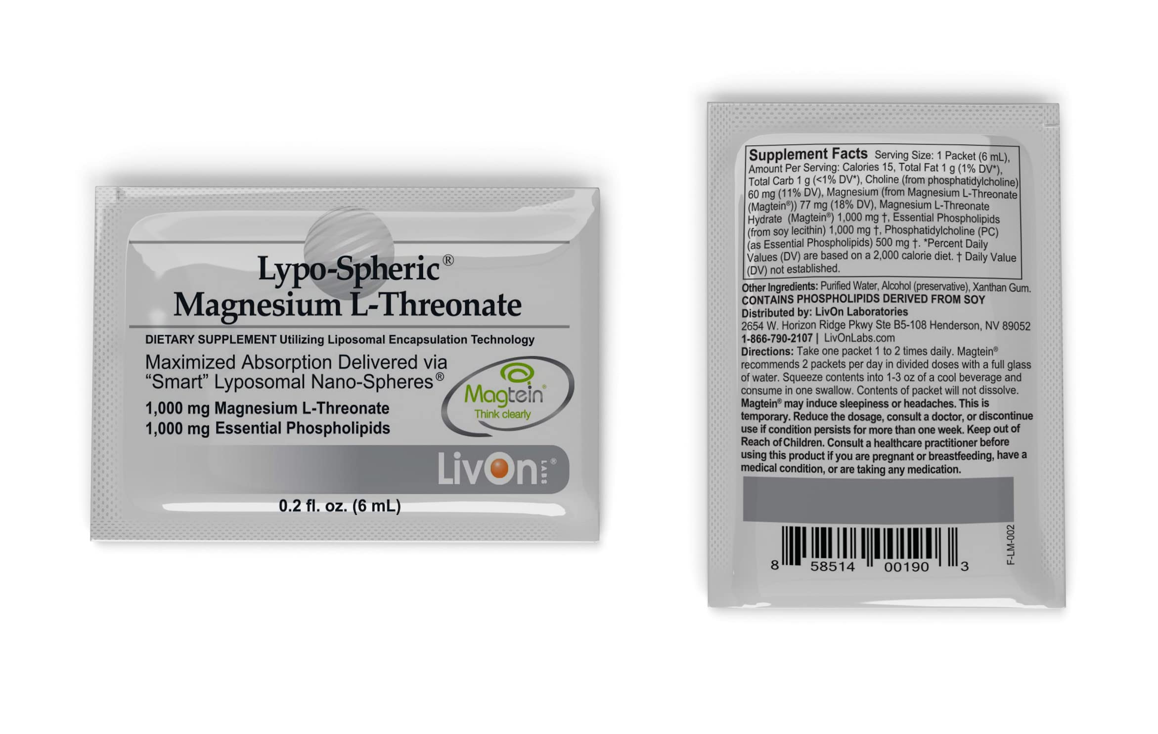 LivOn Laboratories Lypo-Spheric Magnesium L-Threonate - 30 Packets - 77mg Per Packet - Liposome Encapsulated for Maximum Bioavailability - Professionally Formulated - 100% Non-GMO