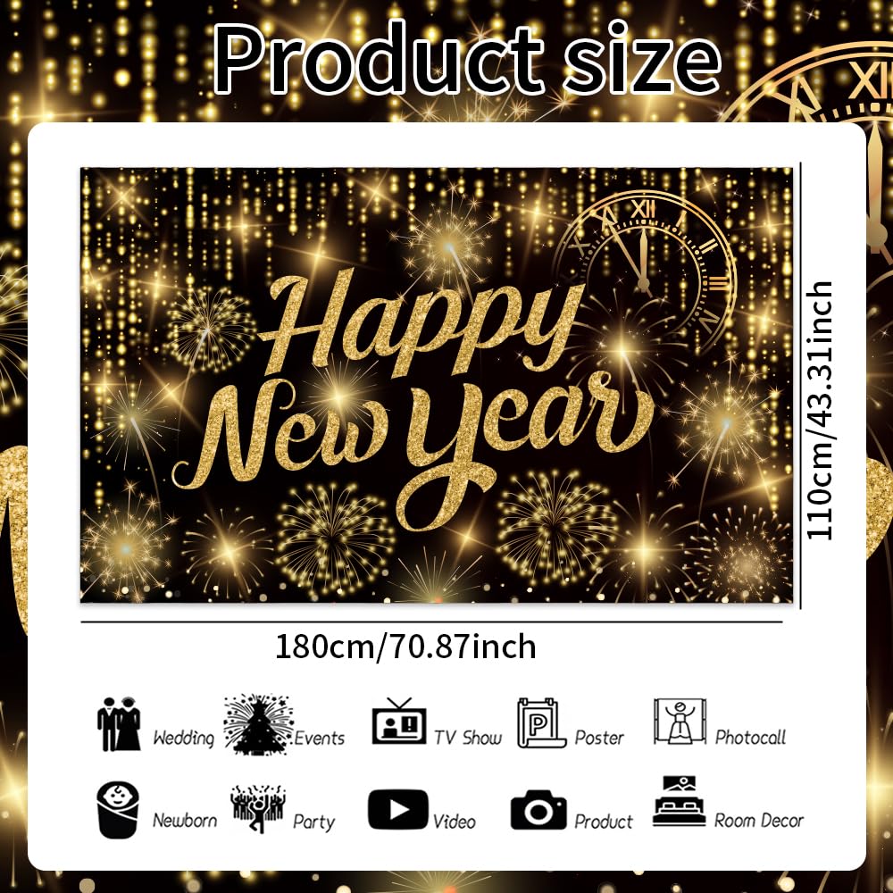 IMISHM 2025 New Years Decorations Black Gold New Years Banner with Firework Pattern New Years Eve Party Decorations New Years Backdrop for New Years Party Decorations