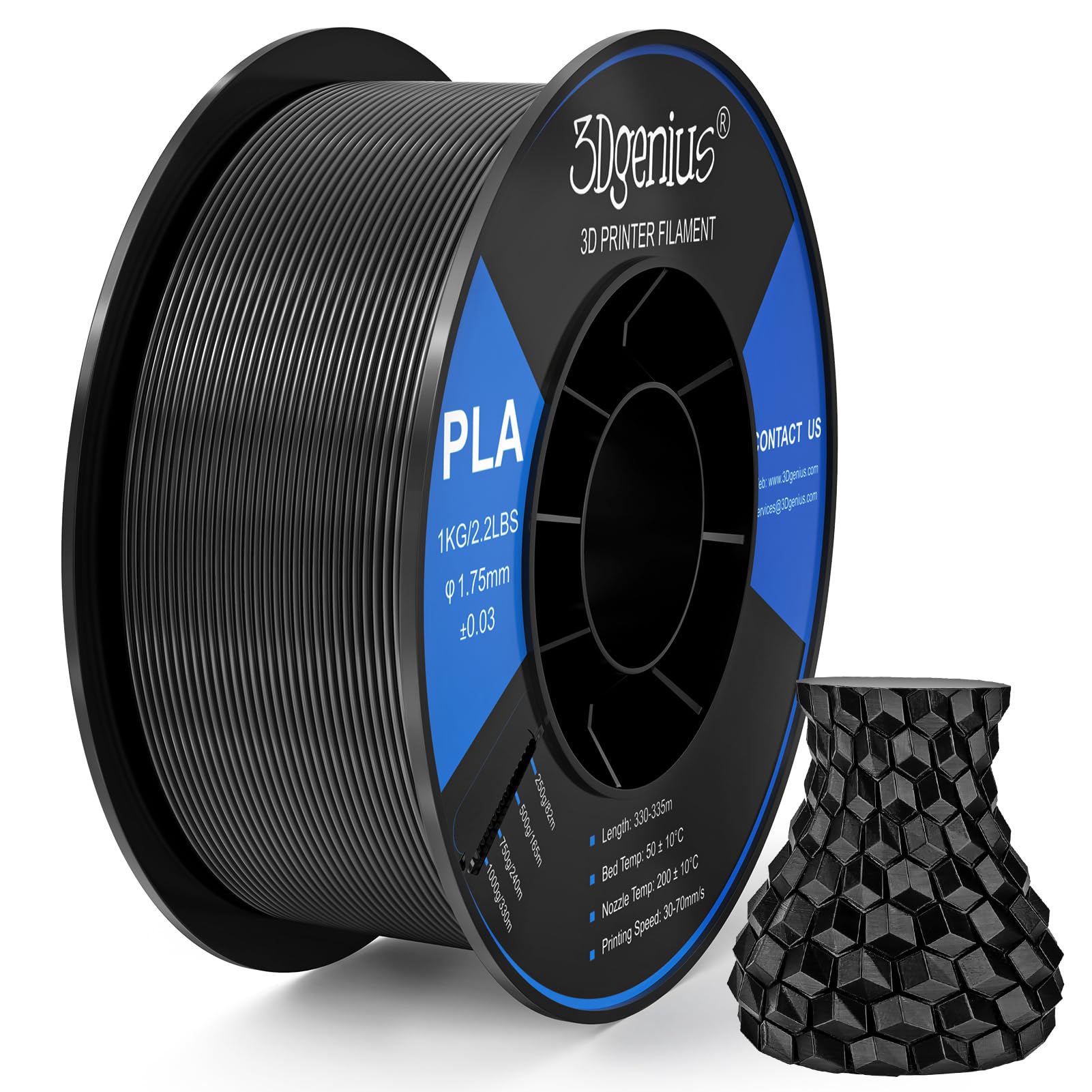 3Dgenius 1.75mm PLA Filament - 1kg/2.2lbs Spool, Black, +/- 0.03mm Accuracy, Fits Most FDM Printers