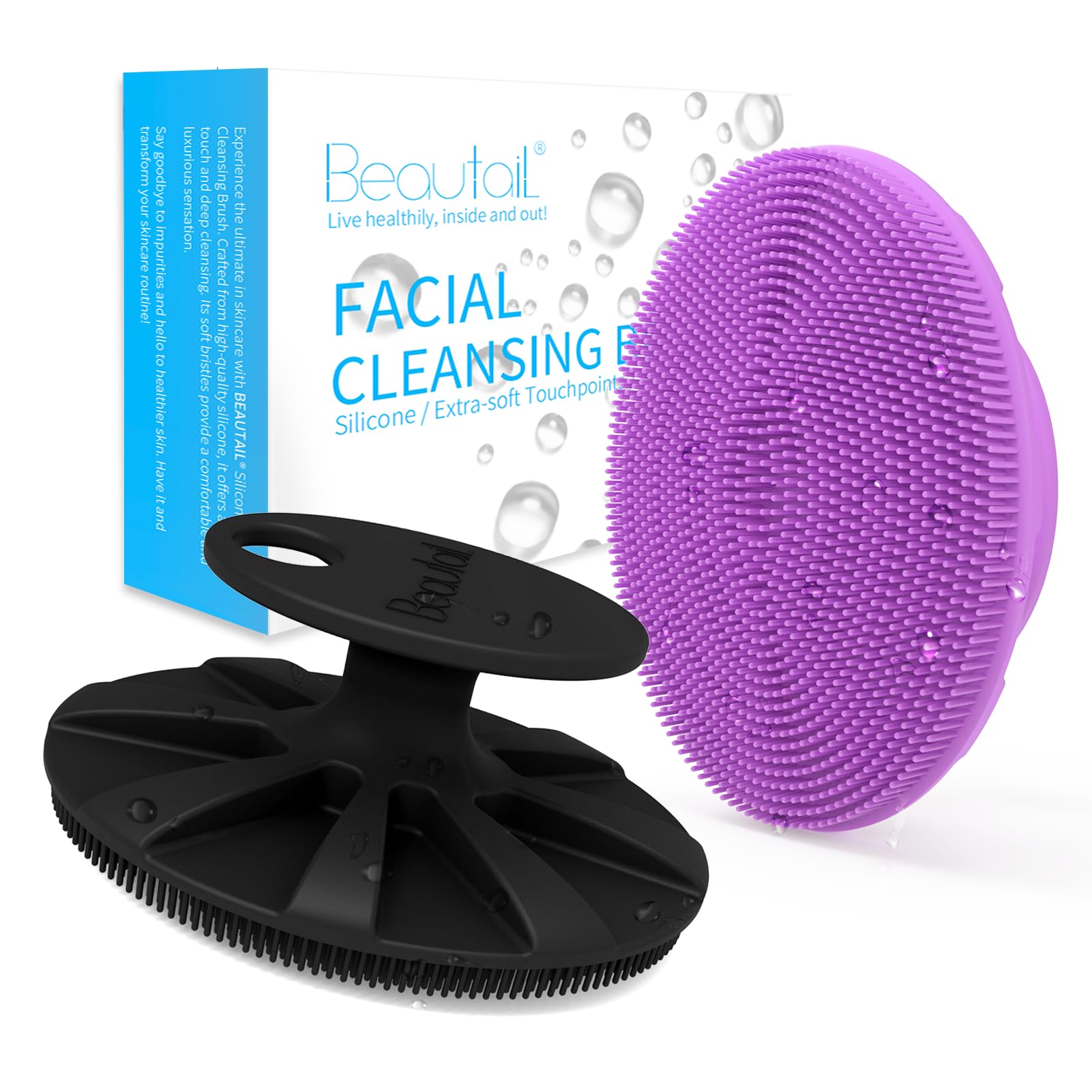 BEAUTAIL Silicone Face Scrubber 2 Pack, Manual Facial Cleansing Brush, Gentle Face Exfoliator for Sensitive Skin, Skin Care Exfoliating Face Brush for Men and Women, Black+Purple