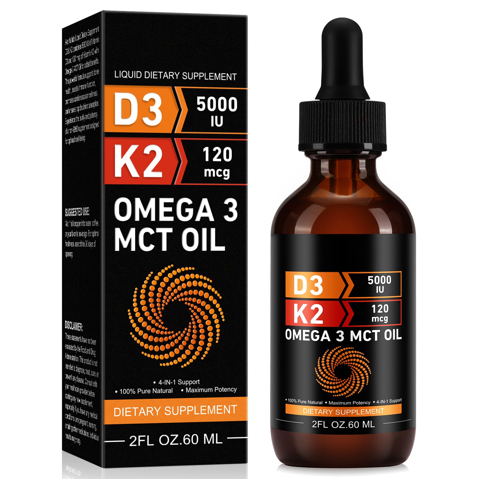 Vitamin D3 5000 IU & K2 (MK-7) 120 mcg 60ml Drops with MCT Oil Omega 3, Liquid Vitamin D3 & K2 Supplements - 2 Months Supply -Supports Bones, Teeth, Mood & Immune System, Calcium Absorption