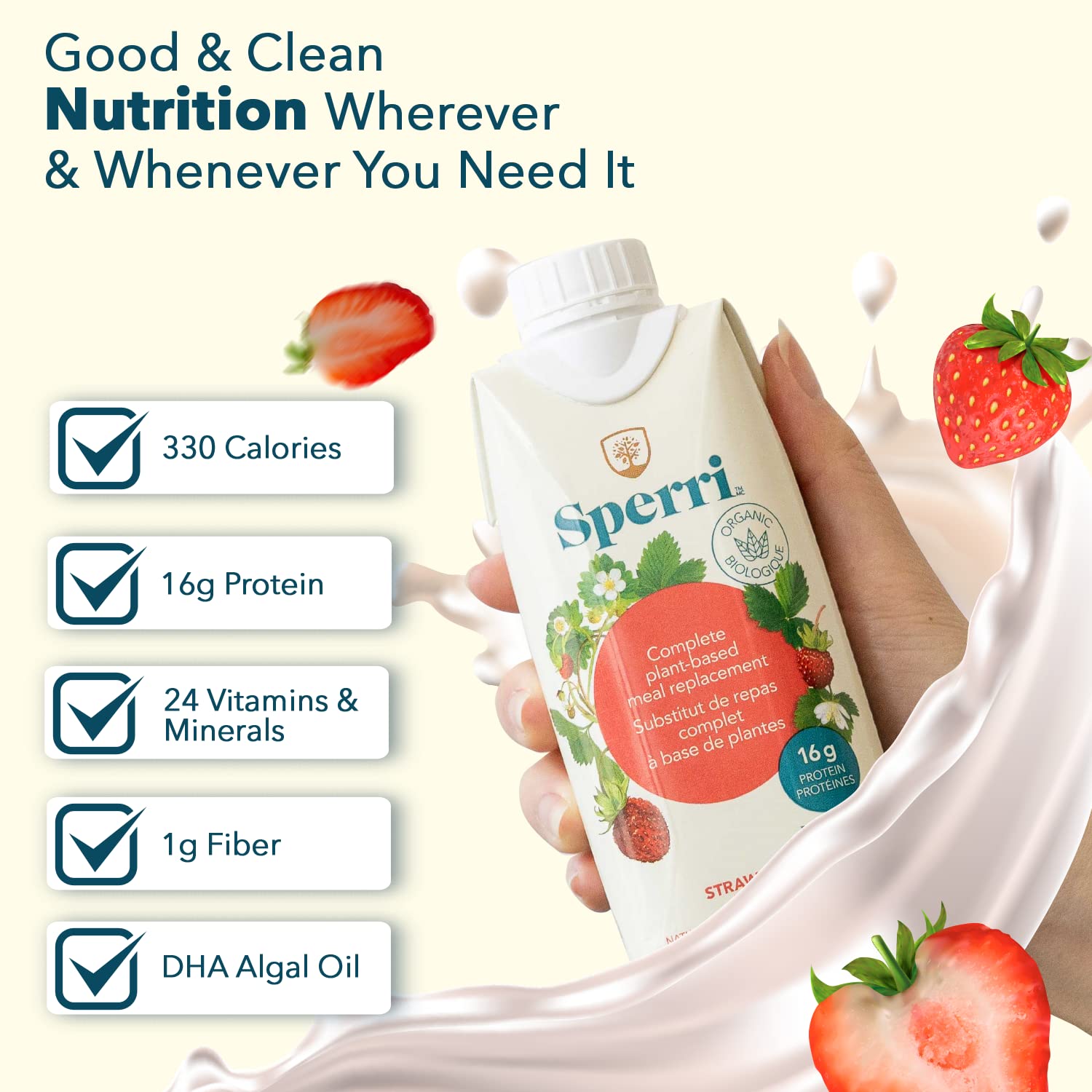Sperri Plant-Based Meal Replacement Shake – Organic Protein Drink Made with Hemp & Pea Protein – Vegan Gluten-Free Dairy-Free Ready to Drink Nutrition Shake – Strawberry Flavor, 4.6 fl. oz(12 Pack)