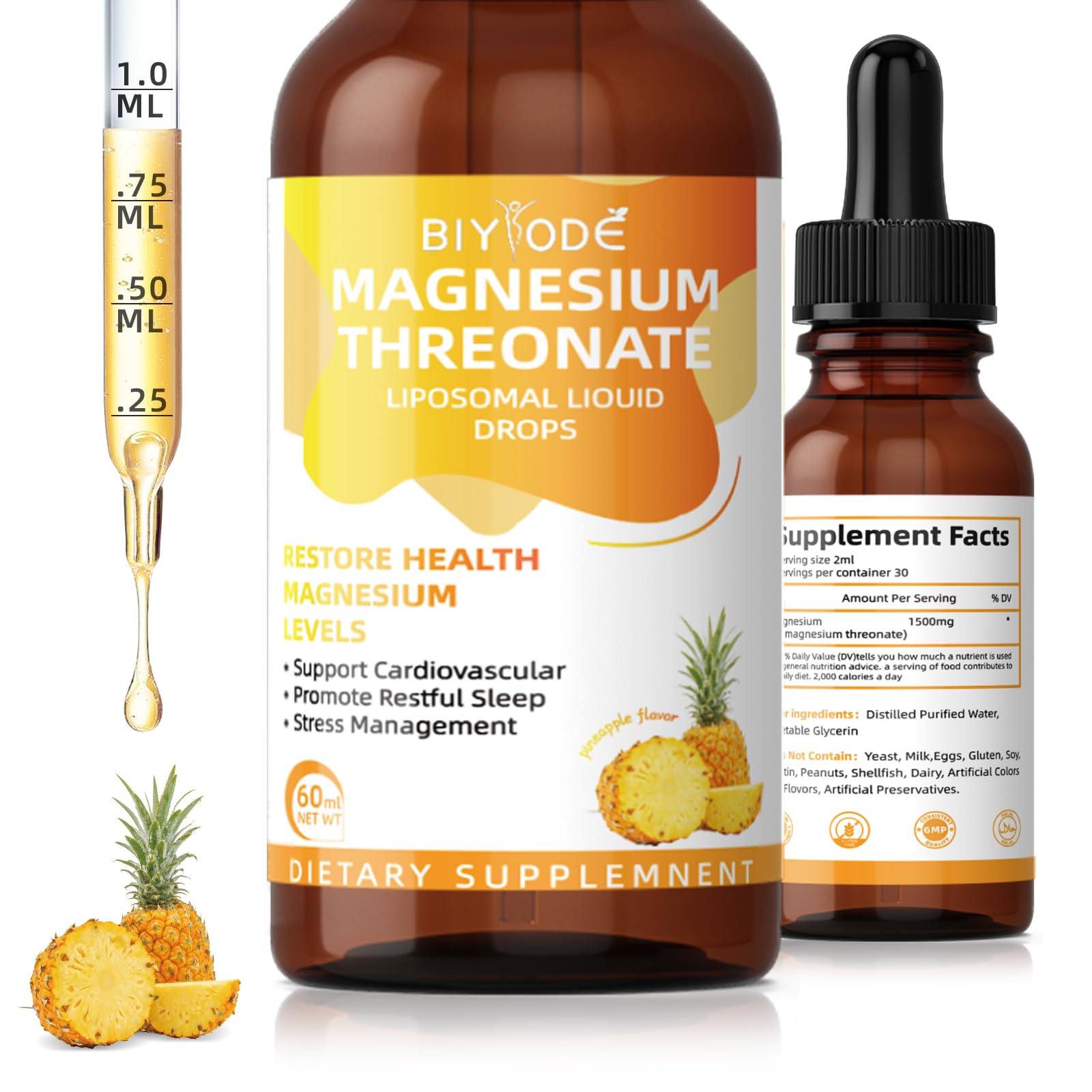 Magnesium L-Threonate Liquid Drops Restore Health Magnesium Levels Support Cardiovascular Promote Restful Sleep Stress Management 60ml Net Wt Pineapple Flavor