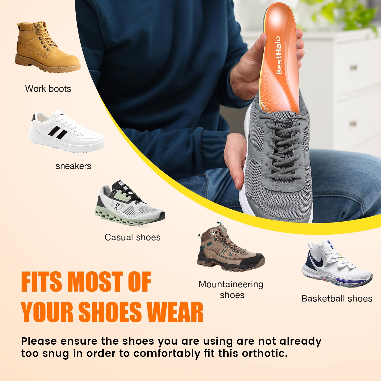 BestHalo Plantar Fasciitis Insoles - High Arch Support Inserts, Gel Cushion, Relief for Flat Feet - 220+ lbs Orthotics Insoles Ideal for Work Boots (Orange, Men 9-10.5 | Women 10-11.5)