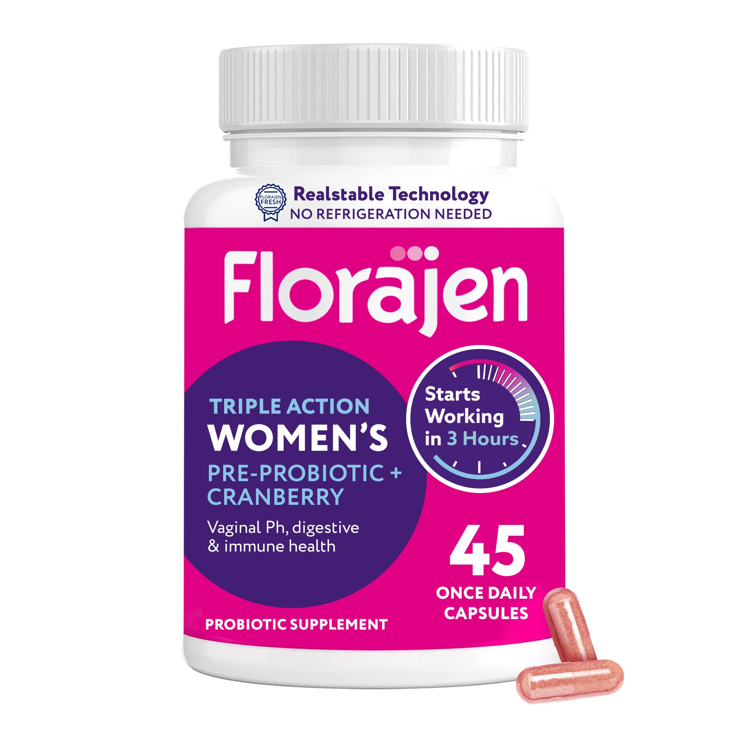 Florajen Women's Vaginal Probiotic, Prebiotic, & Cranberry Supplement for Immune Support and Digestive Health, 45 Capsules