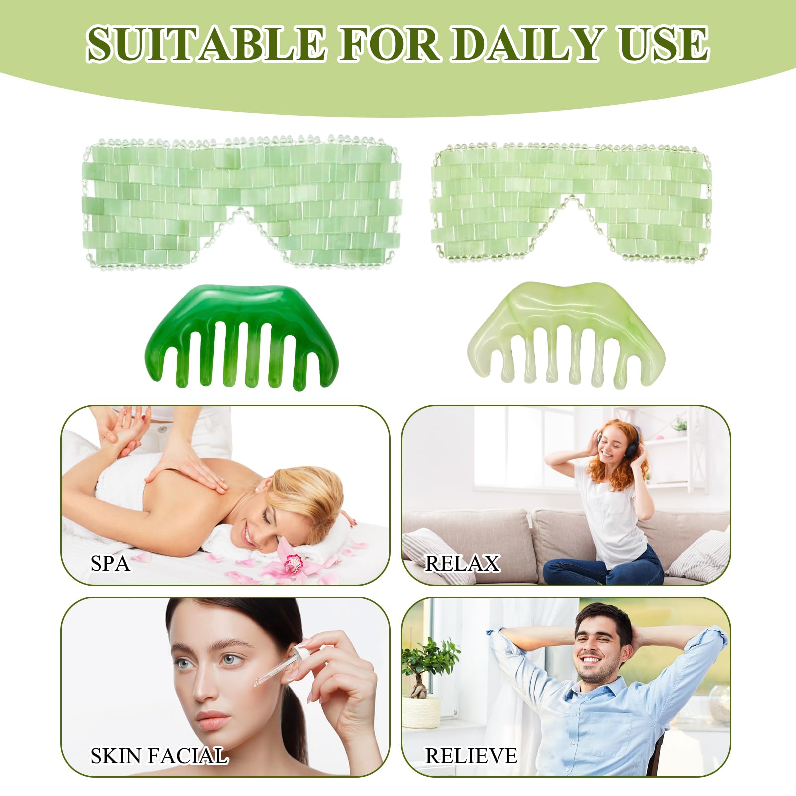 Jade Eye Mask 2 Pcs Jade Eye Mask for Facials can Relieve Puffiness and Relieve Eye Cover (Comes with Massage M-Shaped Comb *1, Eight-Tooth Comb *1)