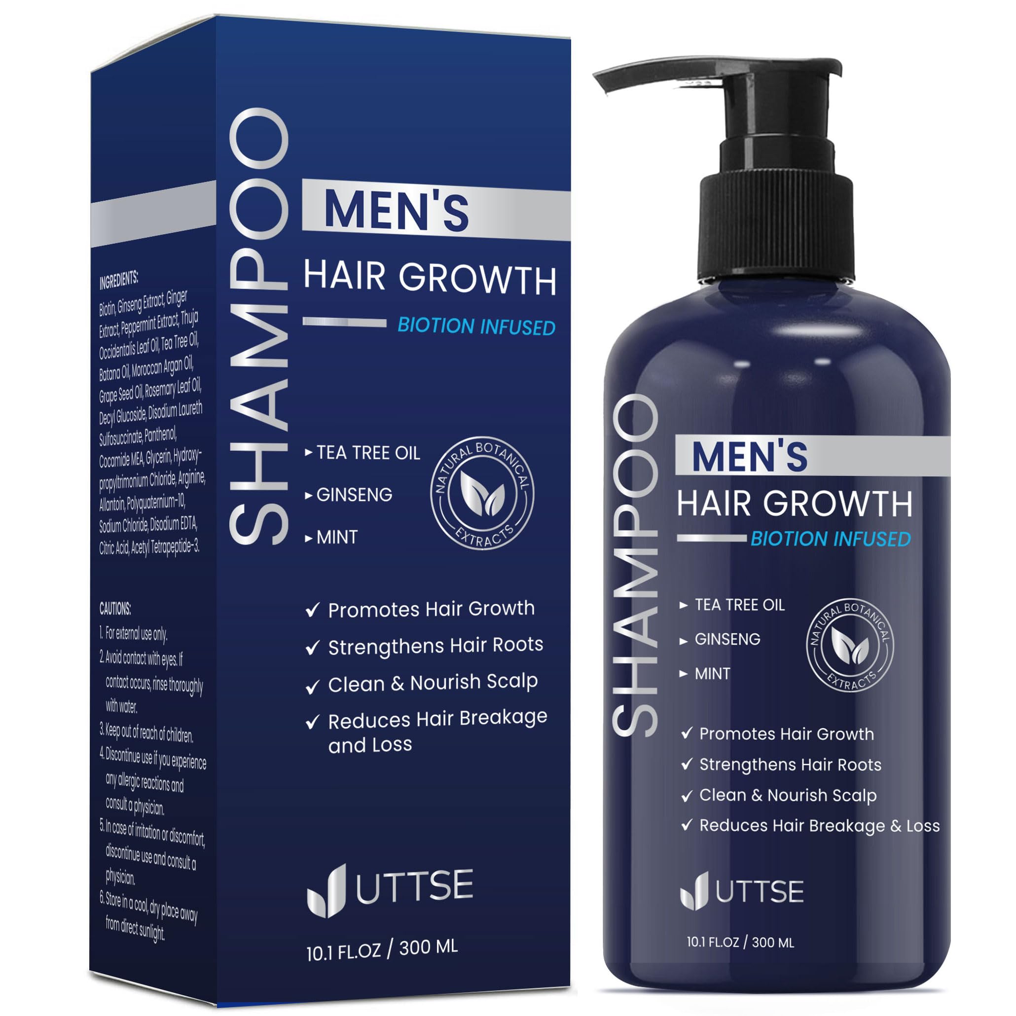 Uttse Biotin Hair Growth Shampoo for Men: Natural Thickening Shampoo with Tea Tree Oil Ginseng Mint for Hair Loss and Thinning Hair - 10.1 fl.oz, Dark Blue