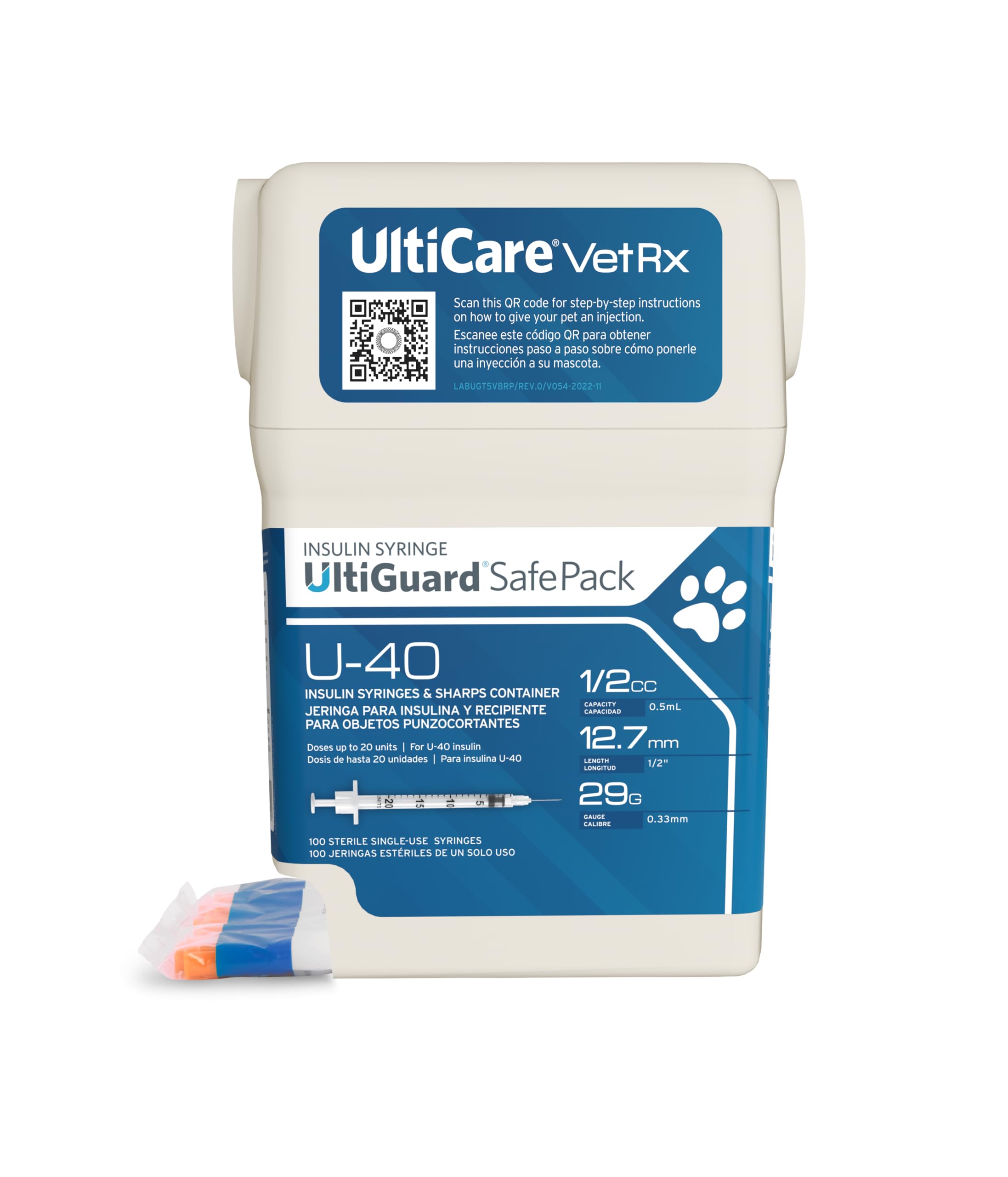 UltiCare VetRx U-40 UltiGuard Safe Pack Pet Insulin Syringes 1/2cc, 29G x 1/2", 100 ct (Without 1/2 Unit Markings)