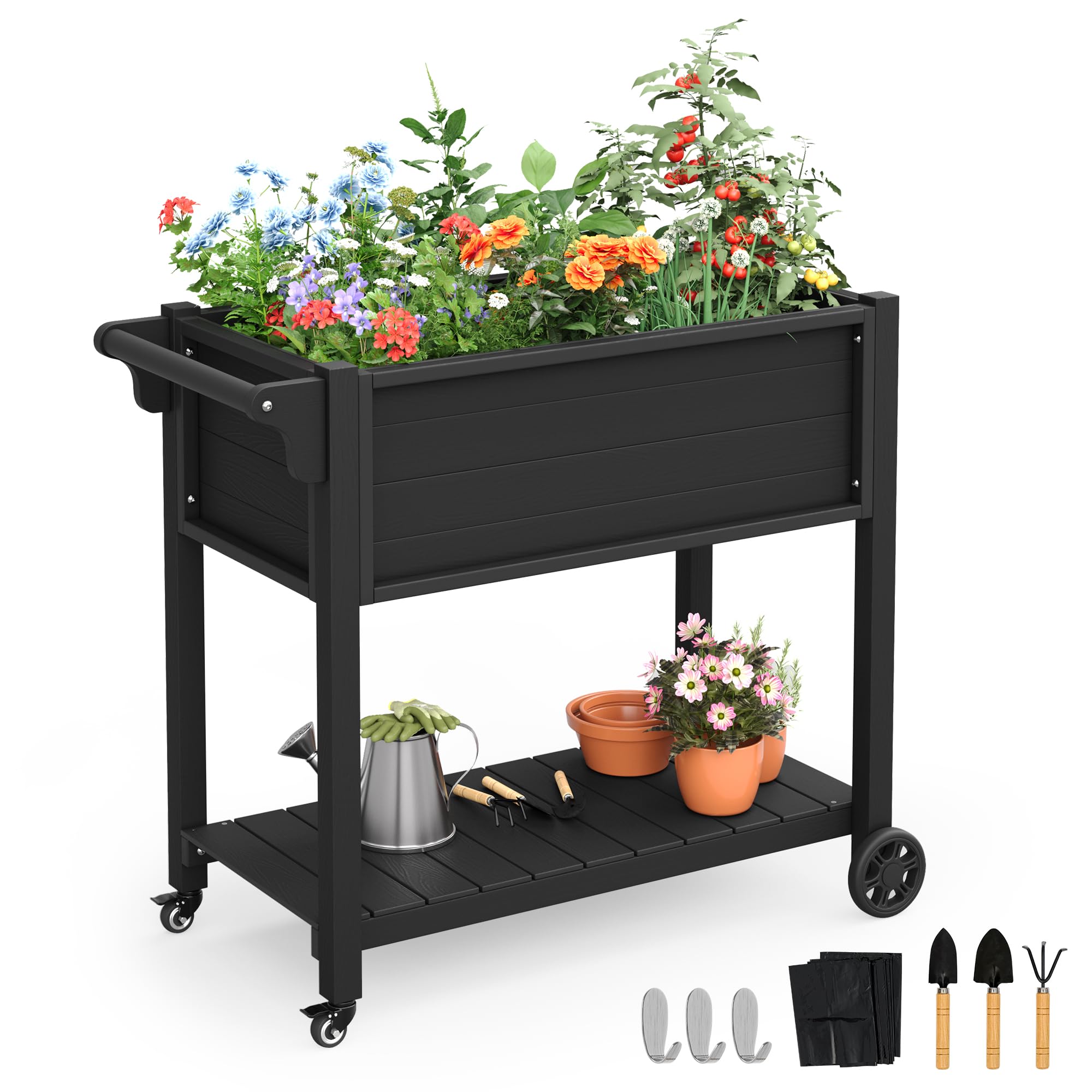 LUE BONA Raised Garden Beds Outdoor, 40 x 21 x 34 in, Raised Garden Bed with Wheels Lockable & Handlebar, Raised Garden Bed with Legs, HDPS Weather Resistant Herb Garden Planter Outdoor, Black