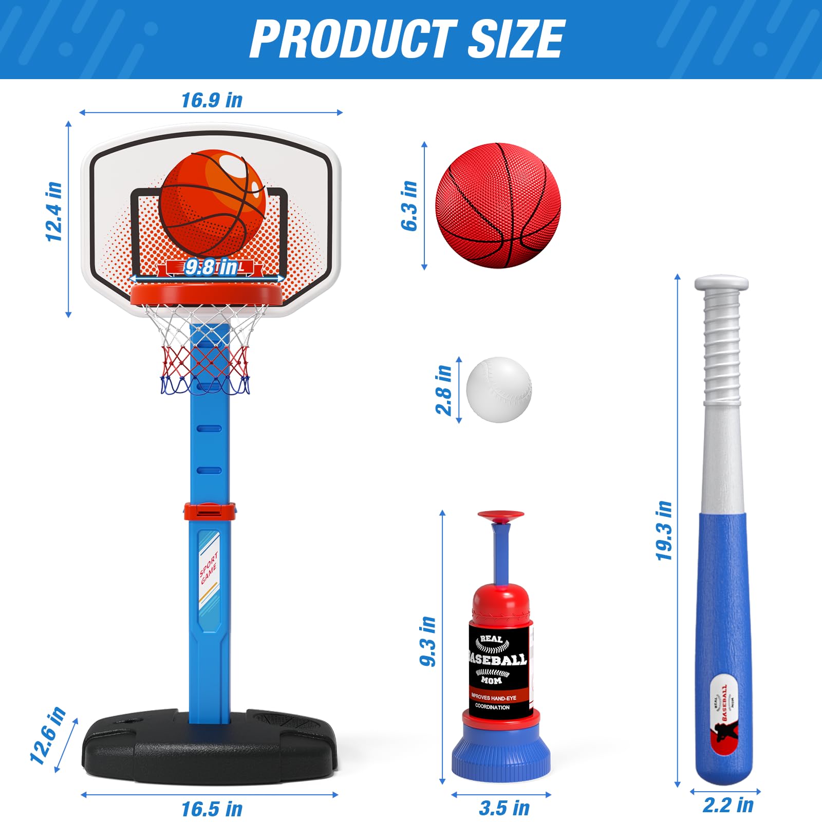 HYES 2 in 1 Kids Basketball Hoop and T Ball Set - Adjustable Height, Kids Baseball Tee with Automatic Pitching Machine, Indoor Outdoor Sport Toys Gifts for Toddler Boys Girls Age 1-5, Blue