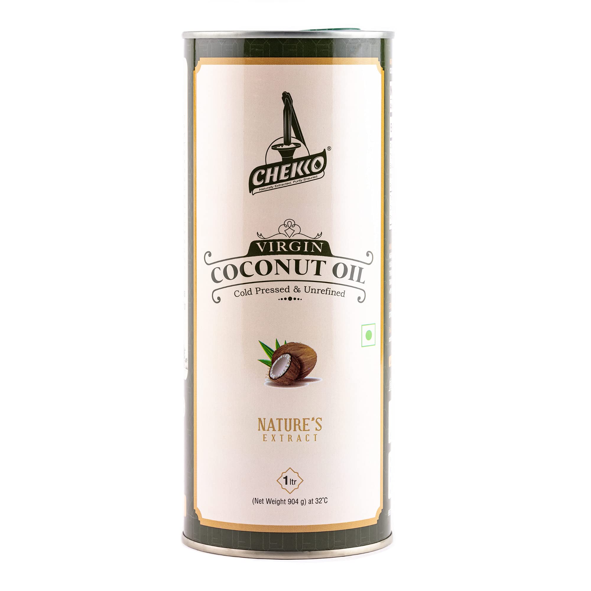 Chekko Cold Pressed Virgin Coconut Oil 1 Litre (33.81 fl.oz) | 100% Natural, Pure & Wood Pressed (1L) for Cooking, Skin Care, Hair Growth, Baby Massage and Oil Pulling