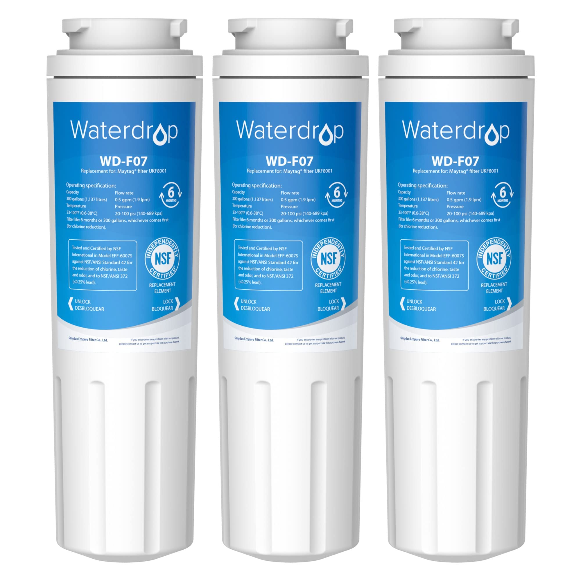 Waterdrop UKF8001 Refrigerator Water Filter 4, Replacement for Whirlpool® EDR4RXD1, EveryDrop® Filter 4, Maytag® UKF8001AXX-750, UKF8001AXX-200, 46-9006, Puriclean II, WD-F07, 3 Filters
