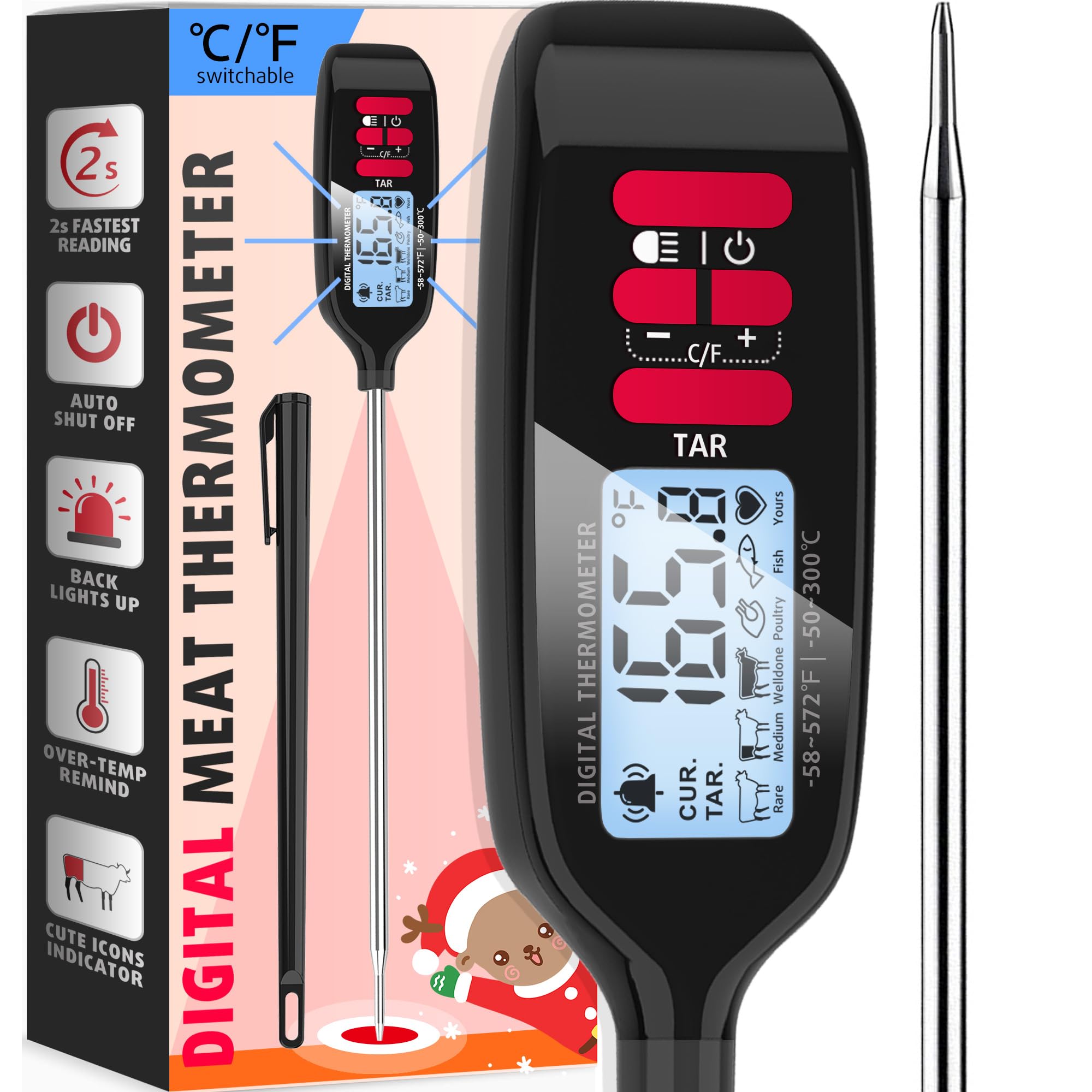 Antonki Meat Thermometer with Long Food Temperature Probe, Digital Instant Read Food Thermometer for Cooking, Chef Kitchen Thermometer with Backlight for Bake, Candy, Grill, BBQ, Oil