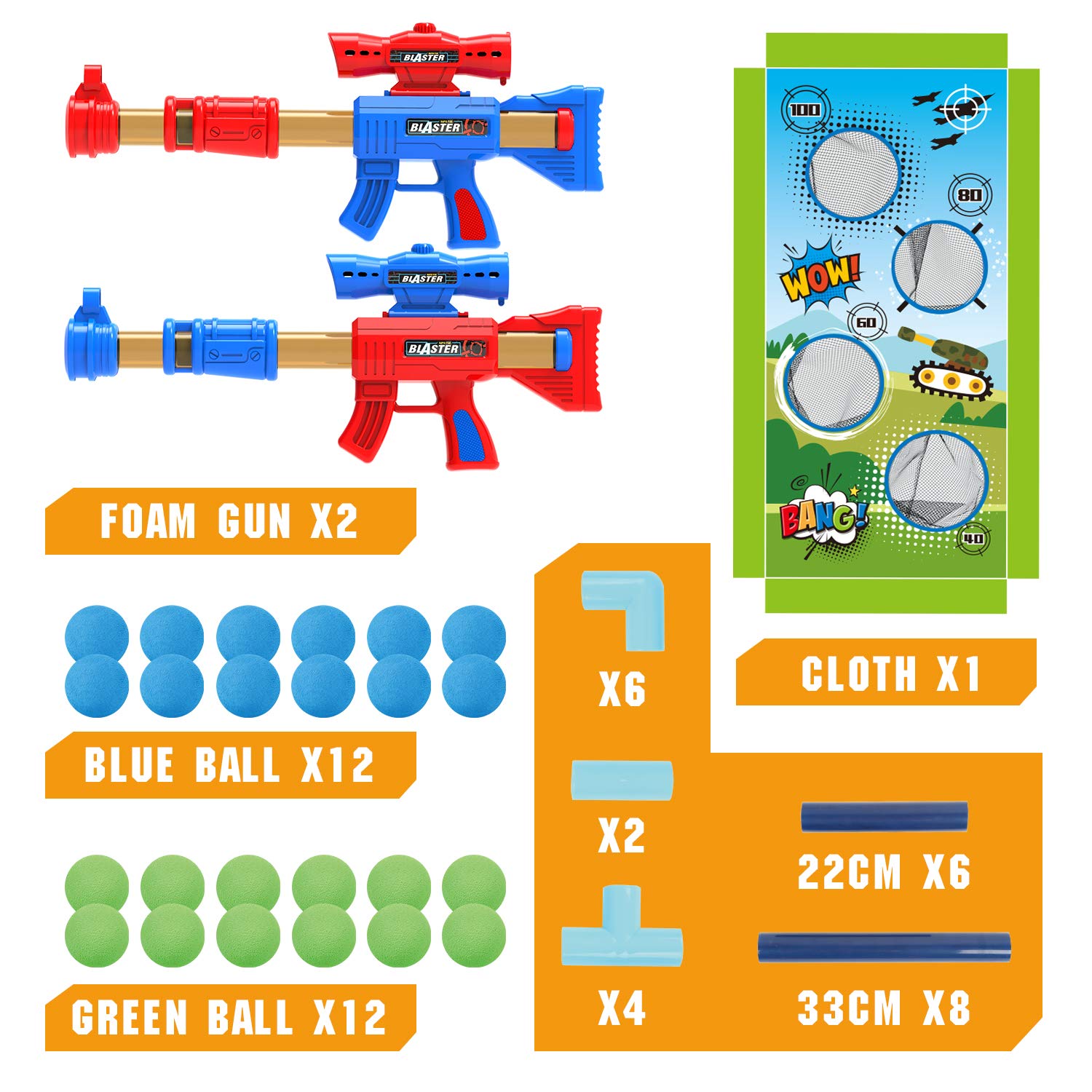 SpringFlower Shooting Game Toy for 5 6 7 8 9 10+ Years Olds Boys,2pk Foam Ball Popper Air Toy Guns with Standing Shooting Target,24 Foam Balls, for Kids