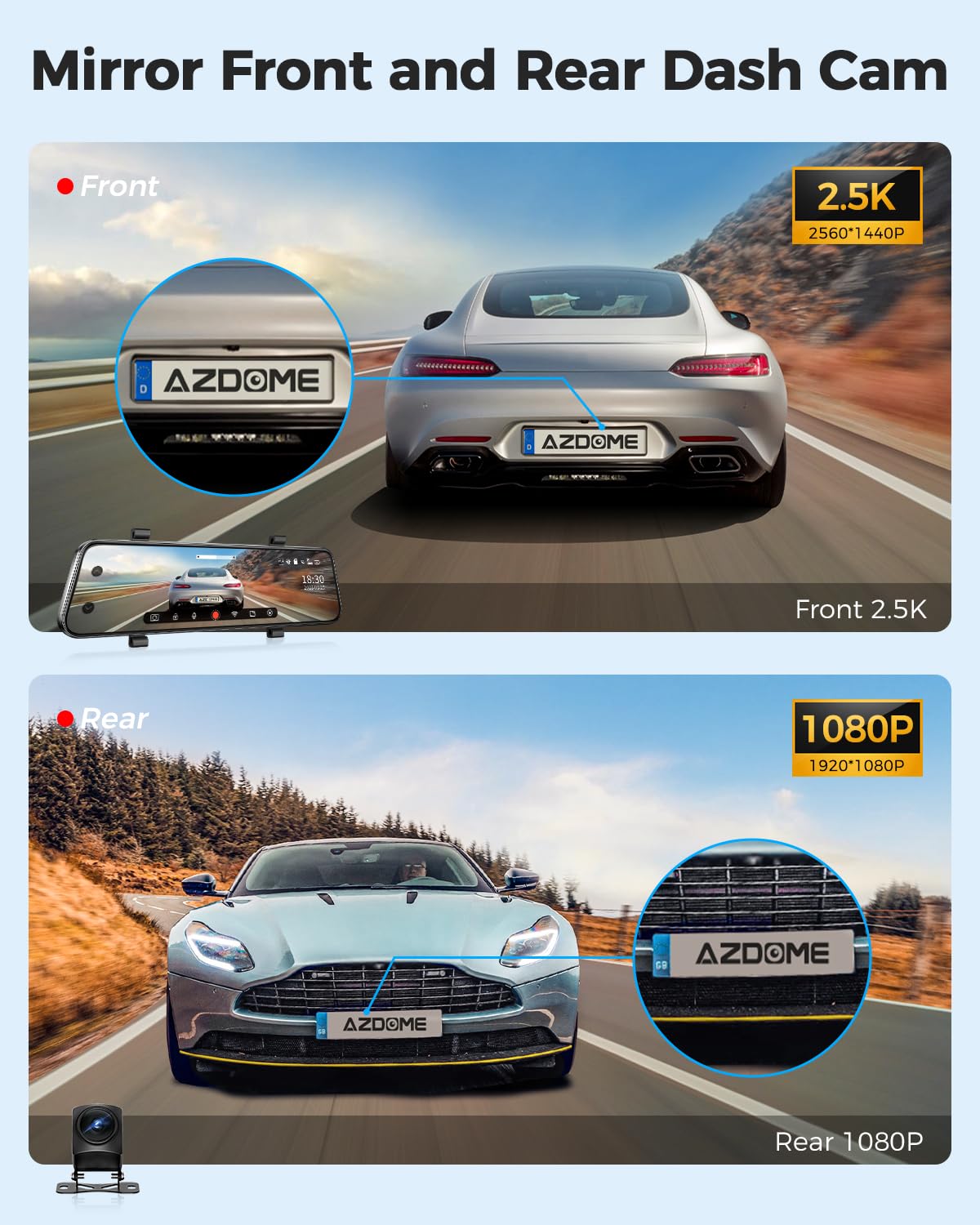 AZDOME PG17 WiFi Rear View Mirror Camera, 12" Mirror Dash Cam, Dual Camera 2.5K Front and 1080P Rear Camera for Car, Free 64GB TF Card, Waterproof Backup Camera Night Vision, Parking Assistance GPS