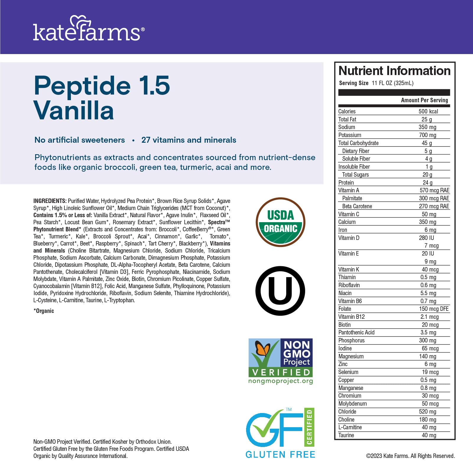 KATE FARMS Organic Adult Peptide 1.5 Formula, Vanilla, Sole-Source, Hydrolyzed Plant-Based Nutrition for Oral or Tube Feeding, 11 Fl oz (12 Pack)