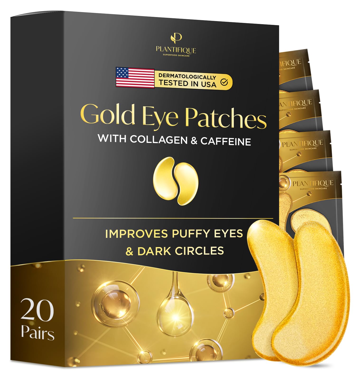 PLANTIFIQUE Gold Under Eye Patches for Puffy Eyes and Dark Circles 20 Pairs Under Eye Masks for Dark Circles and Puffiness Eye Gels with Collagen & Caffeine Anti Aging Gold Eye Mask Skincare