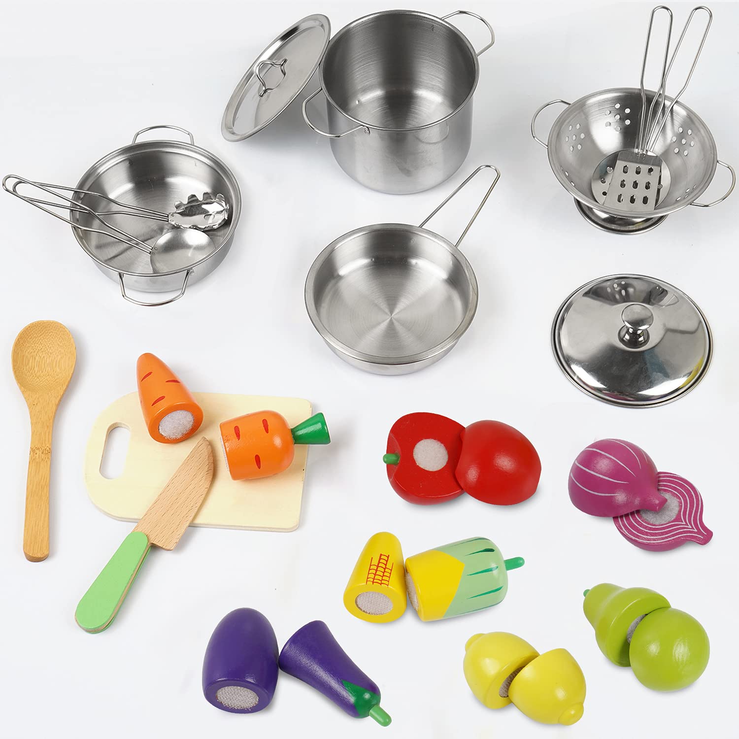 Sundaymot Play Kitchen Accessories, Wooden Play Food, Cooking Set with Stainless Steel Cookware Pots and Pans Utensils, Apron, Chef Hat, Cutting Food Kitchen Playset for Girls and Boys