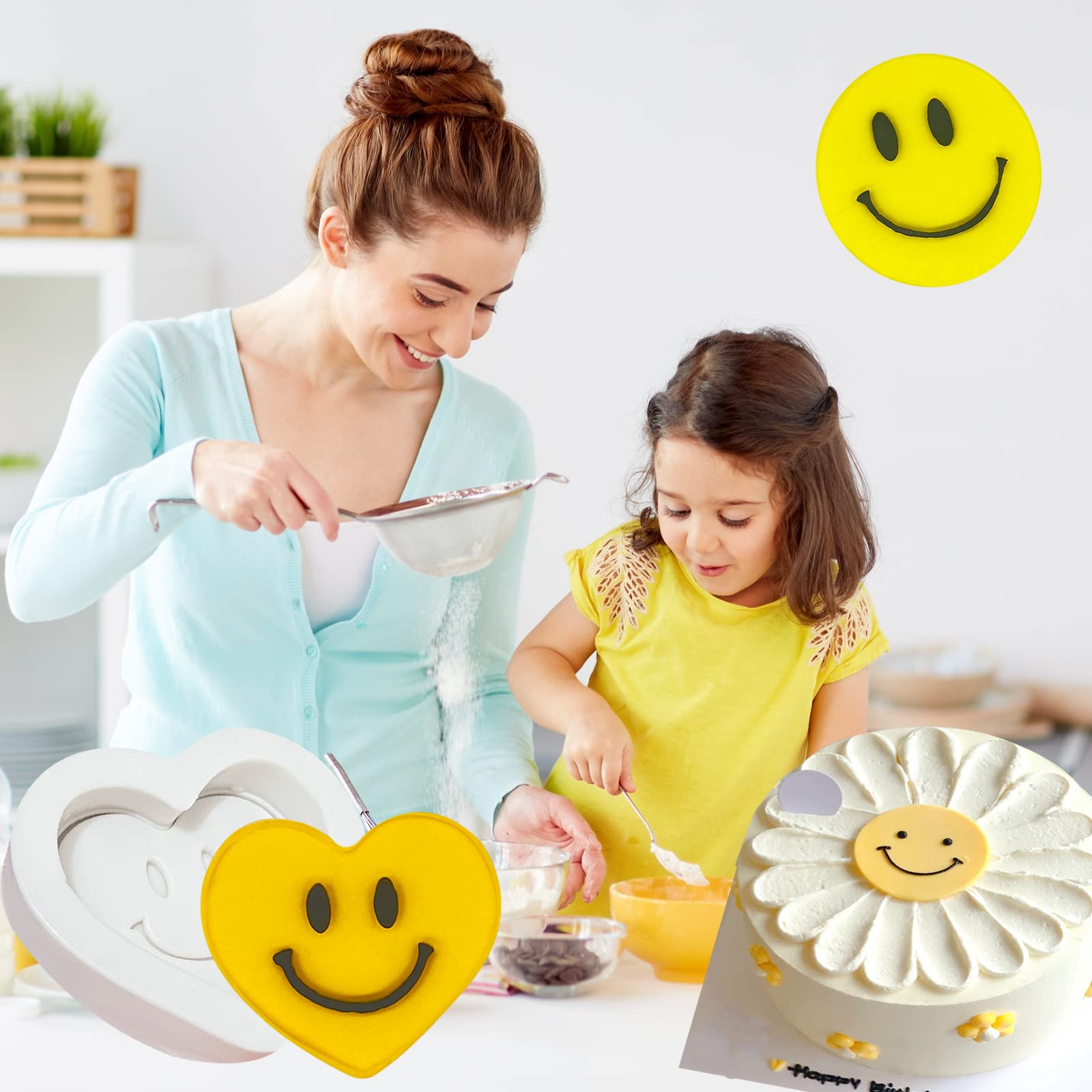 Smiley Face Fondant Molds (3Pcs), Smile Flower Heart Cake Decorating Silicone Mold for Cupcake Toppers, Cookies, Bread, Candy, Chocolate, Butter, Jelly, Gum, Polymer Clay, Candles, Soap, Epoxy