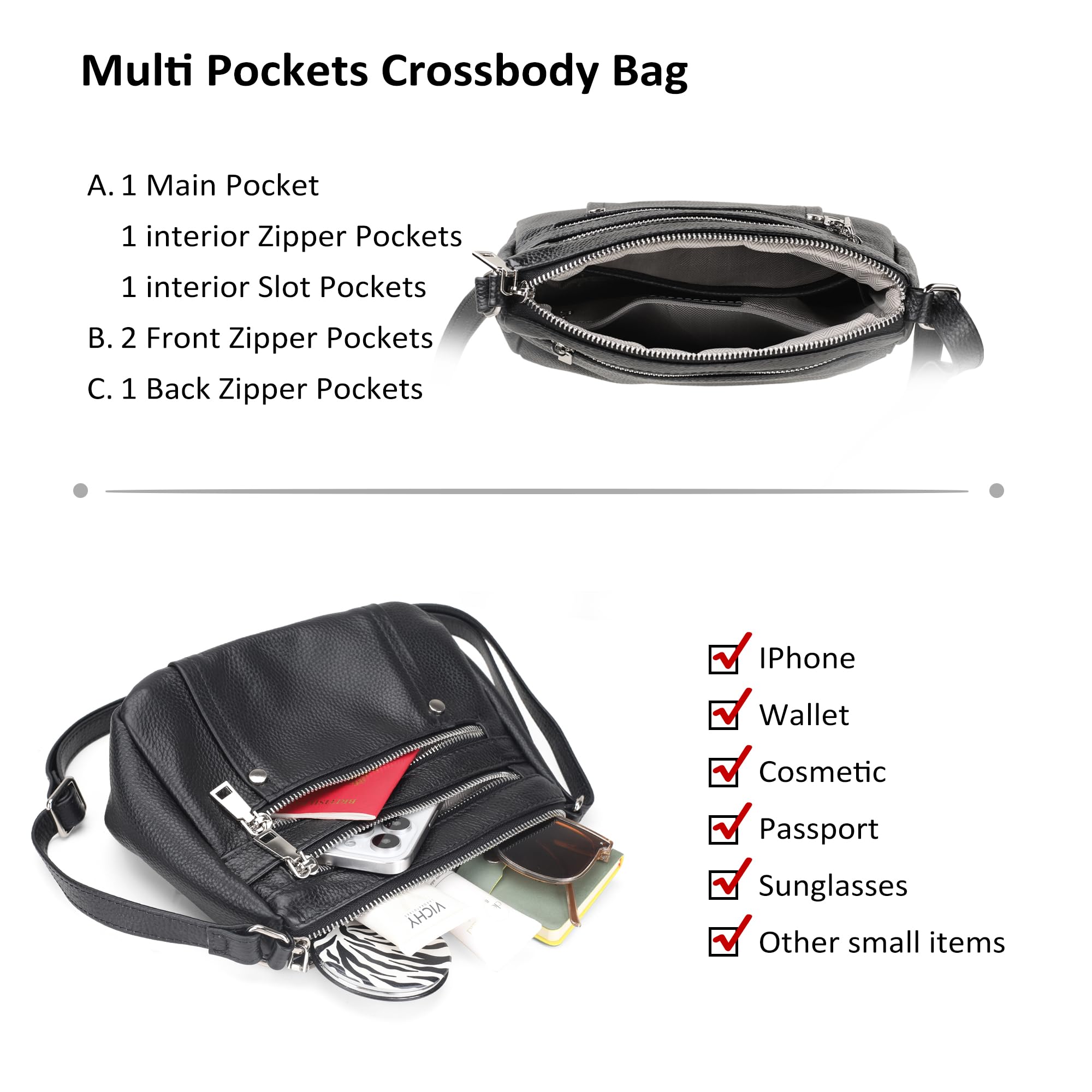 befen Black Genuine Leather Small Crossbody Bags Purses for Women Pocketbooks Shoulder Purse Satchel Bag with Multi Zipper Pockets