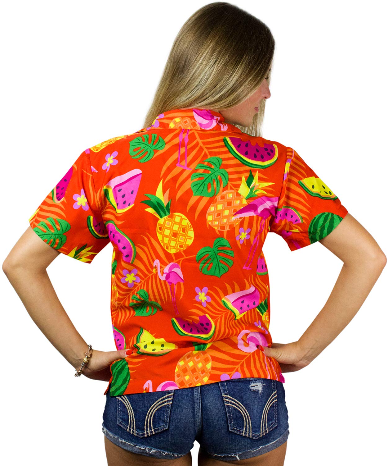 KING KAMEHA Hawaiian-Blouse Women Fruit-Designs Regular-Blouse Short-Sleeve, Flamingo-Melon, Orange, XS