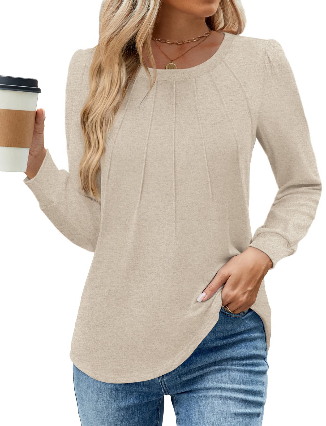 WEACZZY Long Sleeve Shirts for Women Beige Tops Dressy Casual Cute Crew Neck Blouses Work Shirts Loose Tunic Fall Outfits M