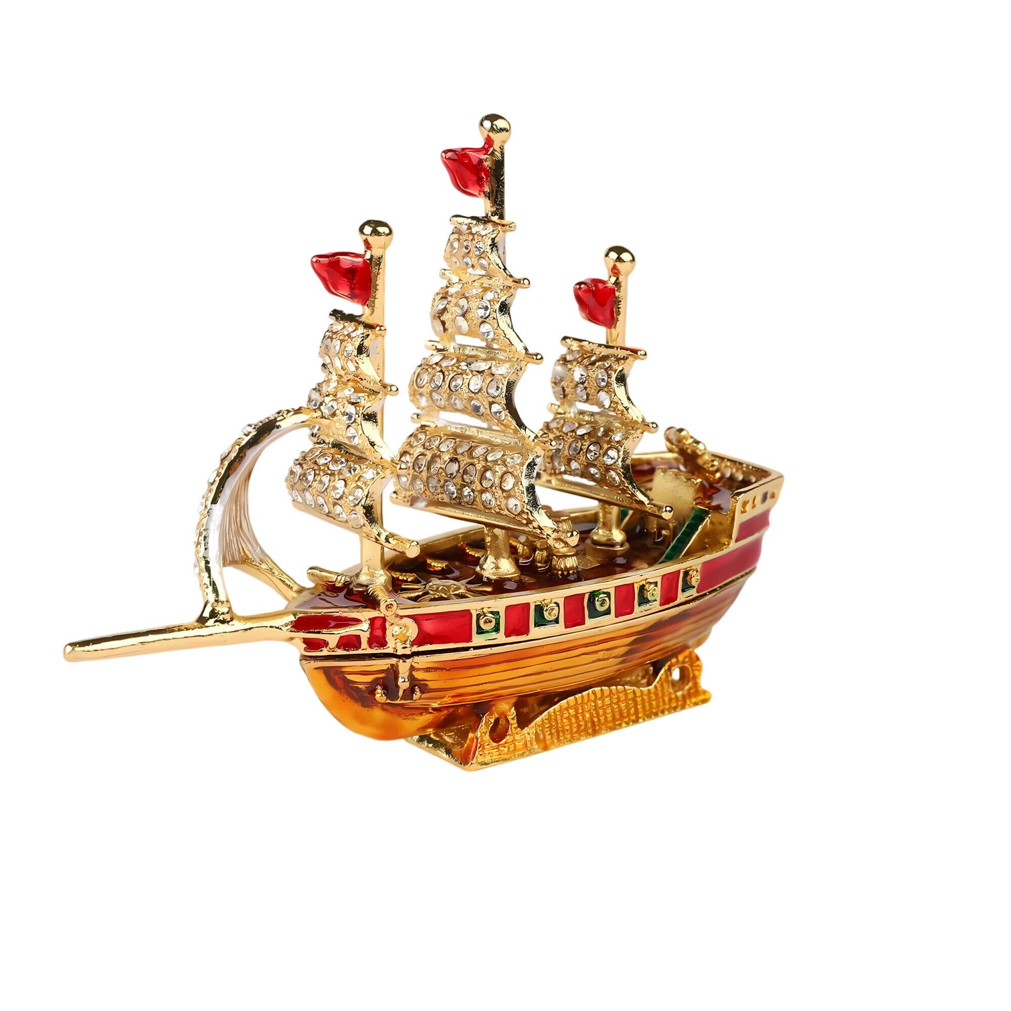 Luxury Jewelry Trinket Box in the Sailing Ship Shape - Hand Painted, Gold Plating, Gemstones - Trinket Boxes Vintage Jewelry Box Rosary Box Jewelry Chest Gold Jewelry Box Earring Gift Box