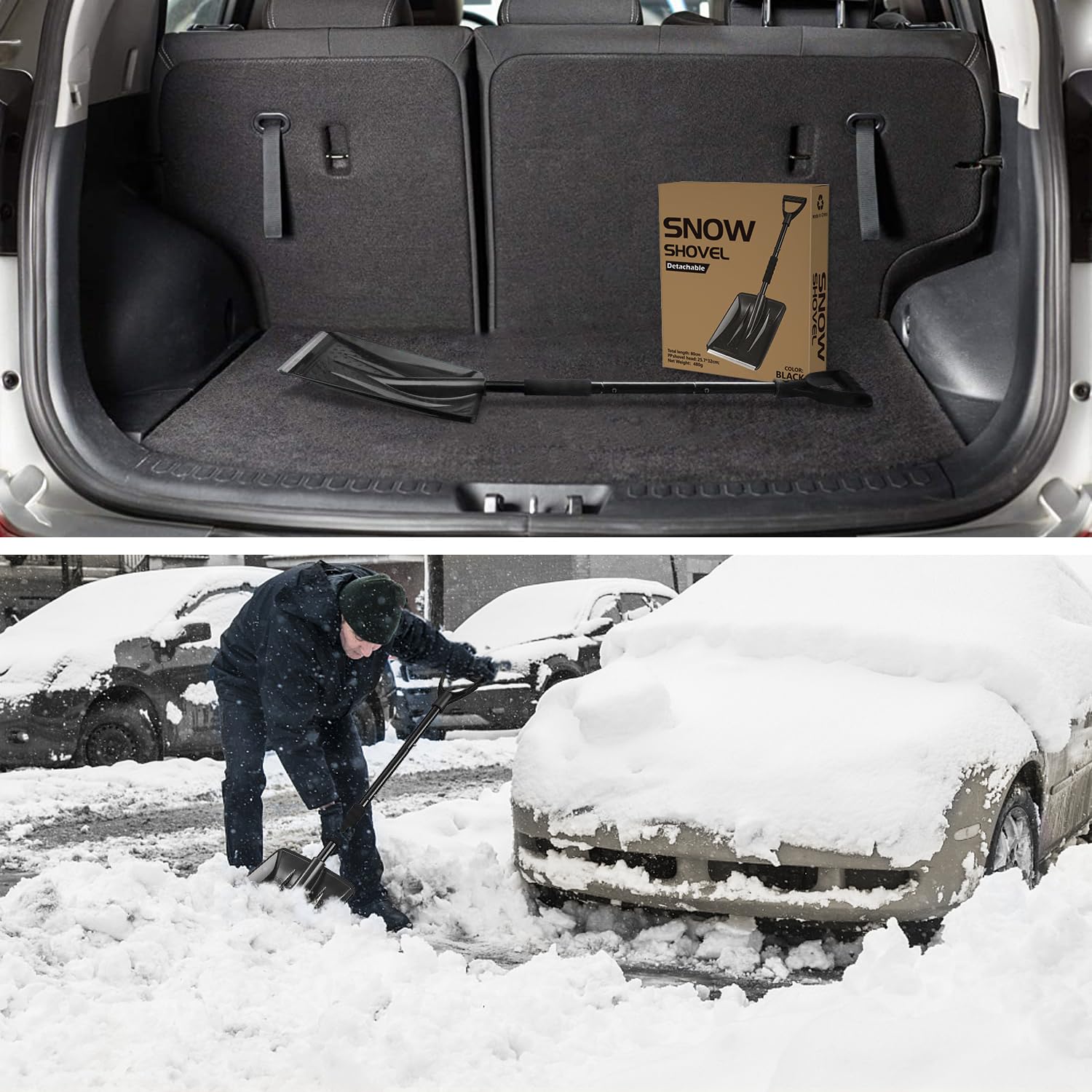Snow Shovel, Snow Shovels for Snow Removal Heavy Duty Portable Sport Utility Detachable Shovel for Driveway Car Emergency Home Garden Camping Beach