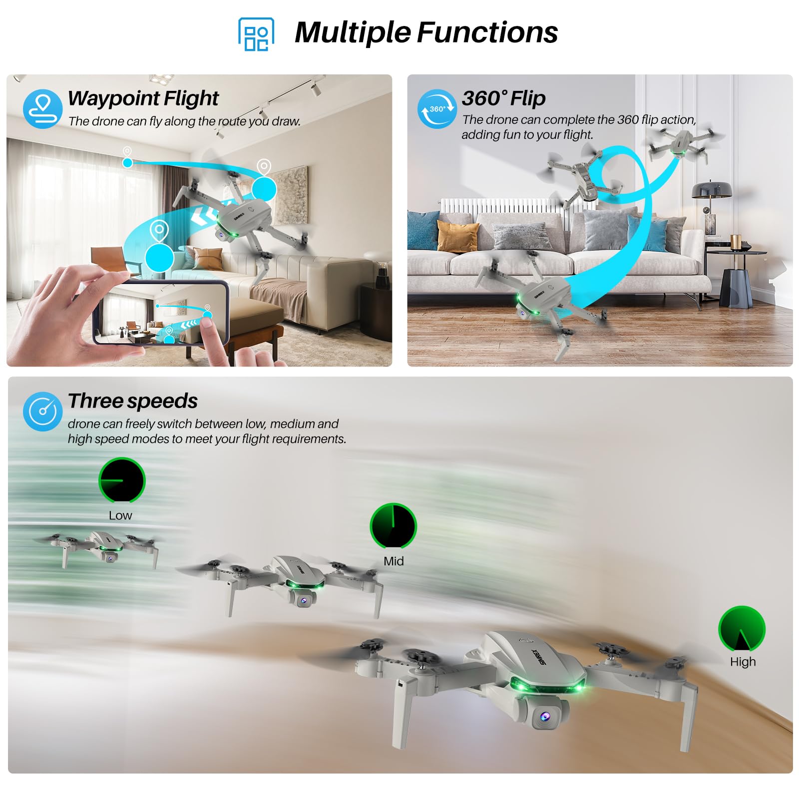 SIMREX X800 Drone with Camera for Adults Kids, 1080P FPV Foldable Quadcopter with 90° Adjustable Lens, RGB Lights, 360° Flips, One Key Take Off/Landing, Altitude Hold, 2 Batteries (Gray)