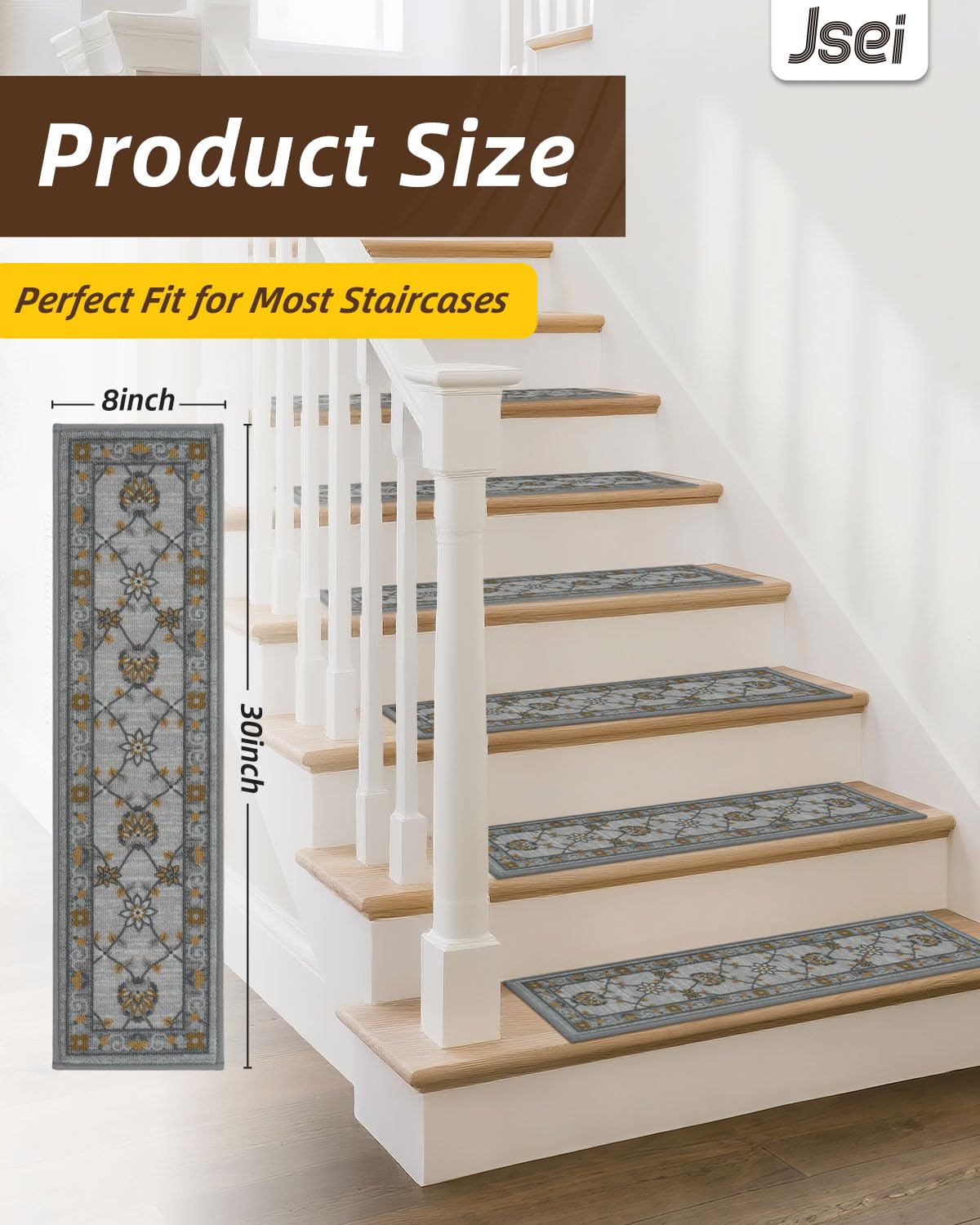 JSEI Stair Treads for Wooden Steps, 15 Pack 8" X 30" Non-Slip Machine Washable Carpet Stair Treads with TPE Backing, Soft Indoor Stair Rug Runner for Kids Elders & Pets, 100% Polyester, Grey/Orange
