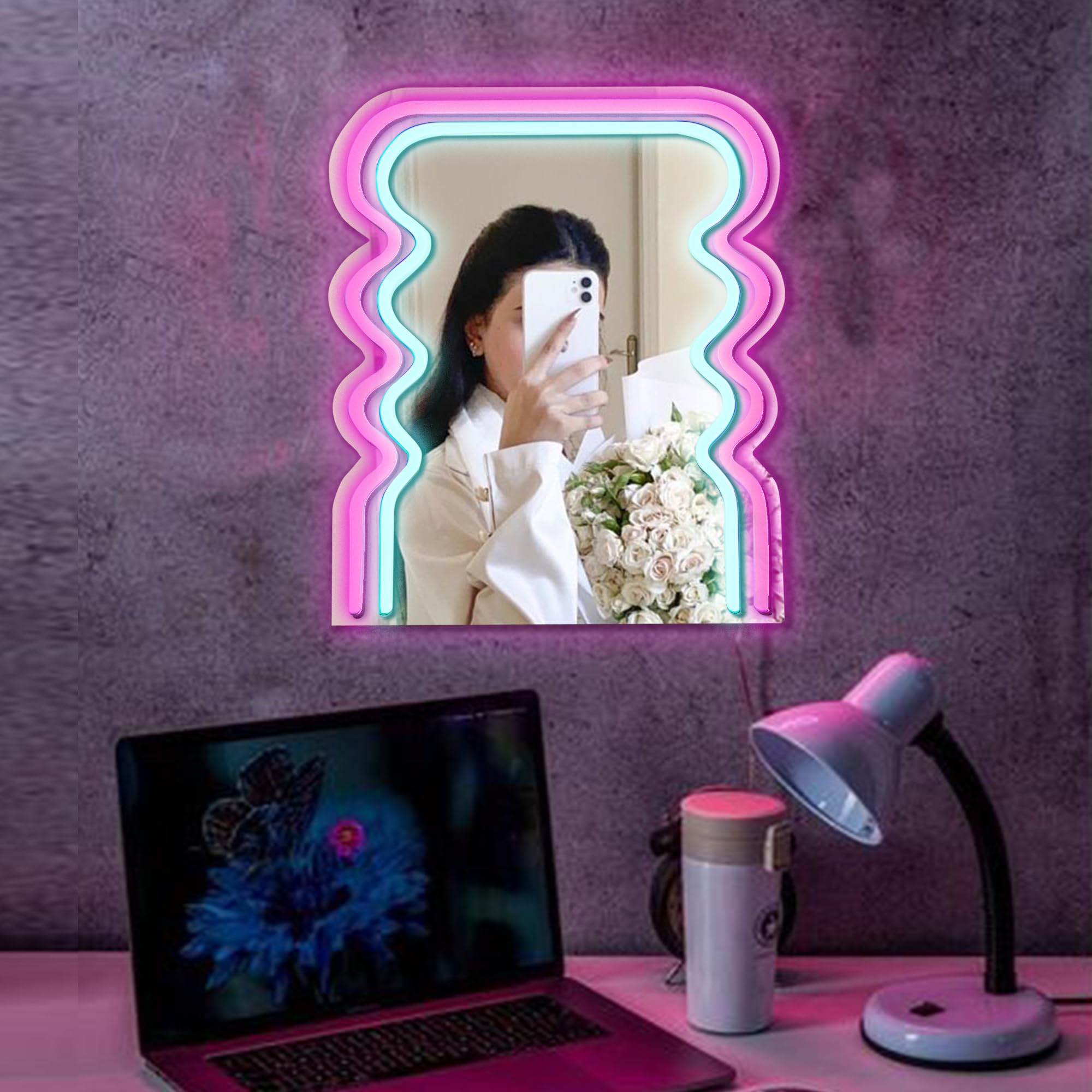 Archway Wave Neon Sign Mirror for Wall Decor, Powered by USB, 3D Art Neon Light, Pink and Blue, 13"x11" inch, LED Light Wall Mirror，Makeup Mirror with Lights for Women Gift