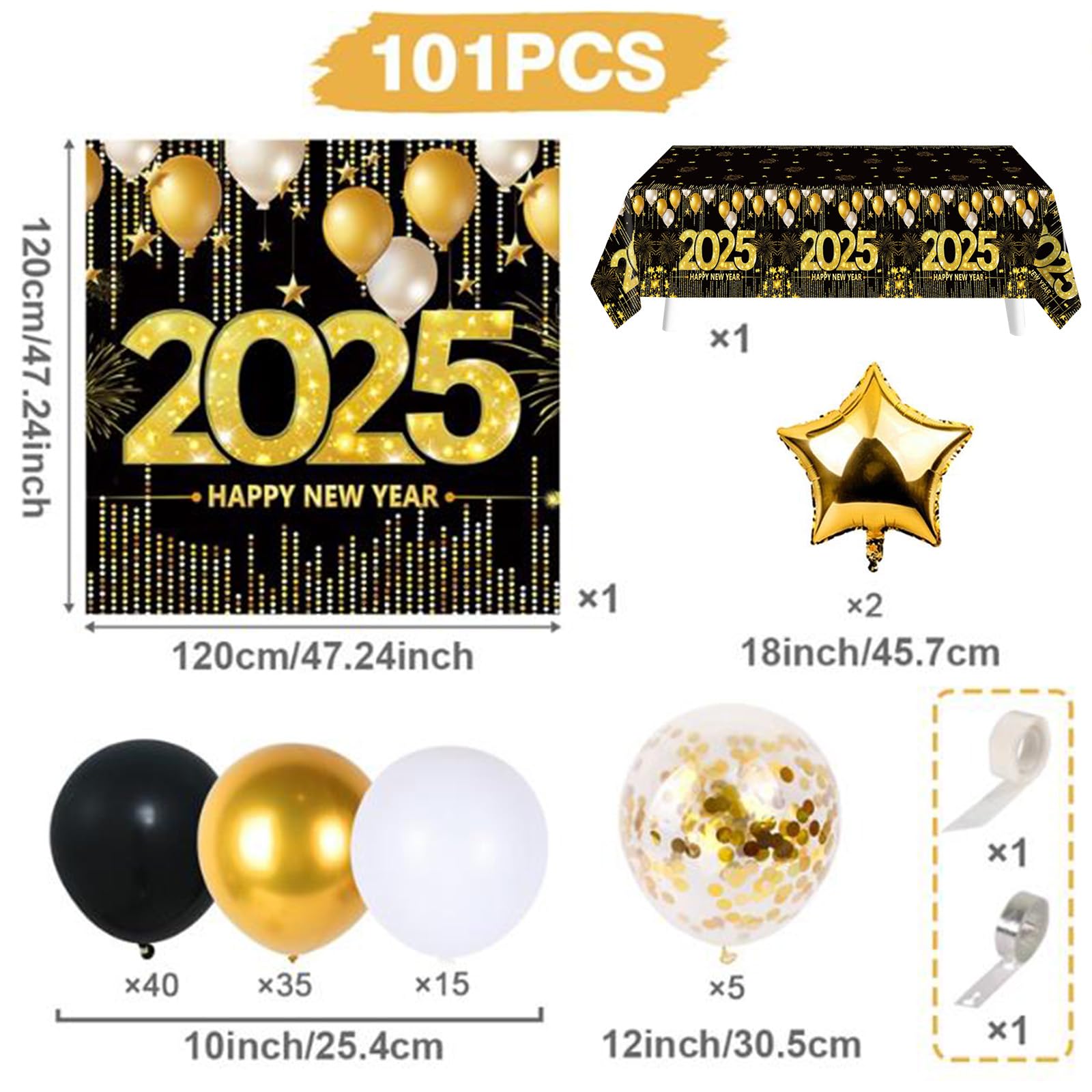 Happy New Years Party Decorations 2025 - New Years Balloon Garland Arch Kit,Happy New Years Eve Party Supplies,Black and Gold Confetti Balloon Backdrop Tablecloth for New Year Party Anniversary 101PCS