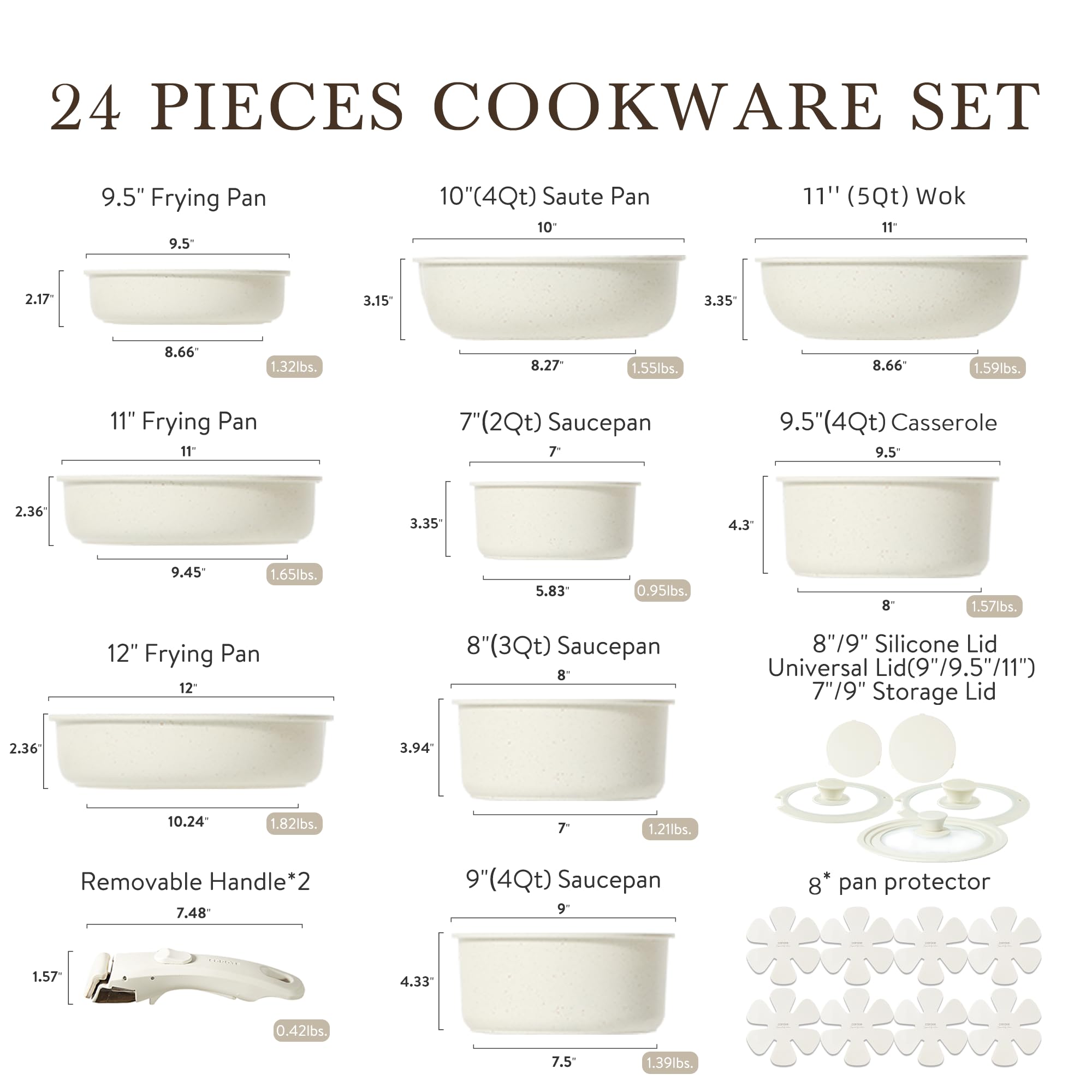 CAROTE 24pcs Detachable Handle Pots and Pan Set, Nonstick Induction Cookware, Removable Handle, RV Oven Safe Cookware, Kitchen Cookware Set Non Stick, Cream White