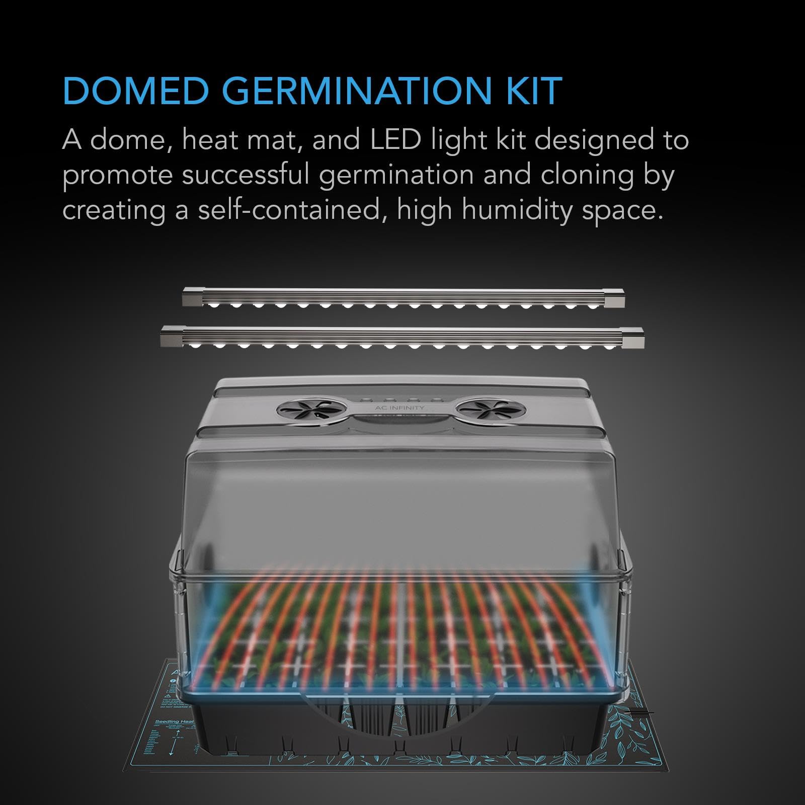 AC Infinity Heavy Duty 3mm Thick Humidity Dome Germination Kit with Waterproof Seedling Mat, Dimmable LED Grow Light Bars, Vented Height Extensions for Indoor Gardening, Seed Starting, Plant Cloning