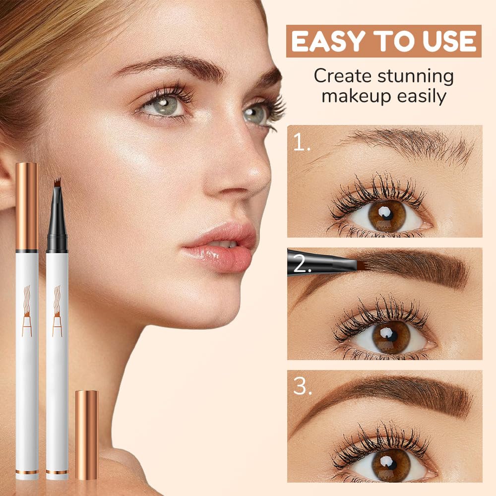 Microblading Eyebrow Pencil 2PCS, 2025 New 3D Waterproof Eyebrow Microblading Pen 4 Fork Tip, Magic Eyebrow Pencil Makeup Long-Lasting Eyebrow Pencil with Micro Fork Tip (Dark Brown)