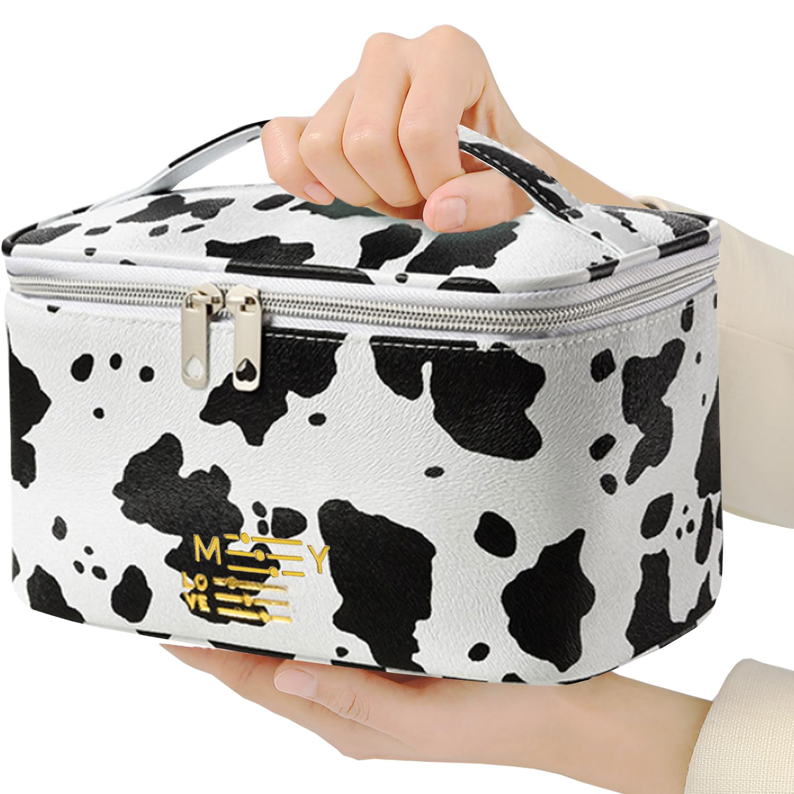 Meiyuuo Cute Makeup Bag Small Cosmetic Bags for Women Ladies Medium Pouch Toiletry Bag PU Waterproof Organizer (Cow Print)