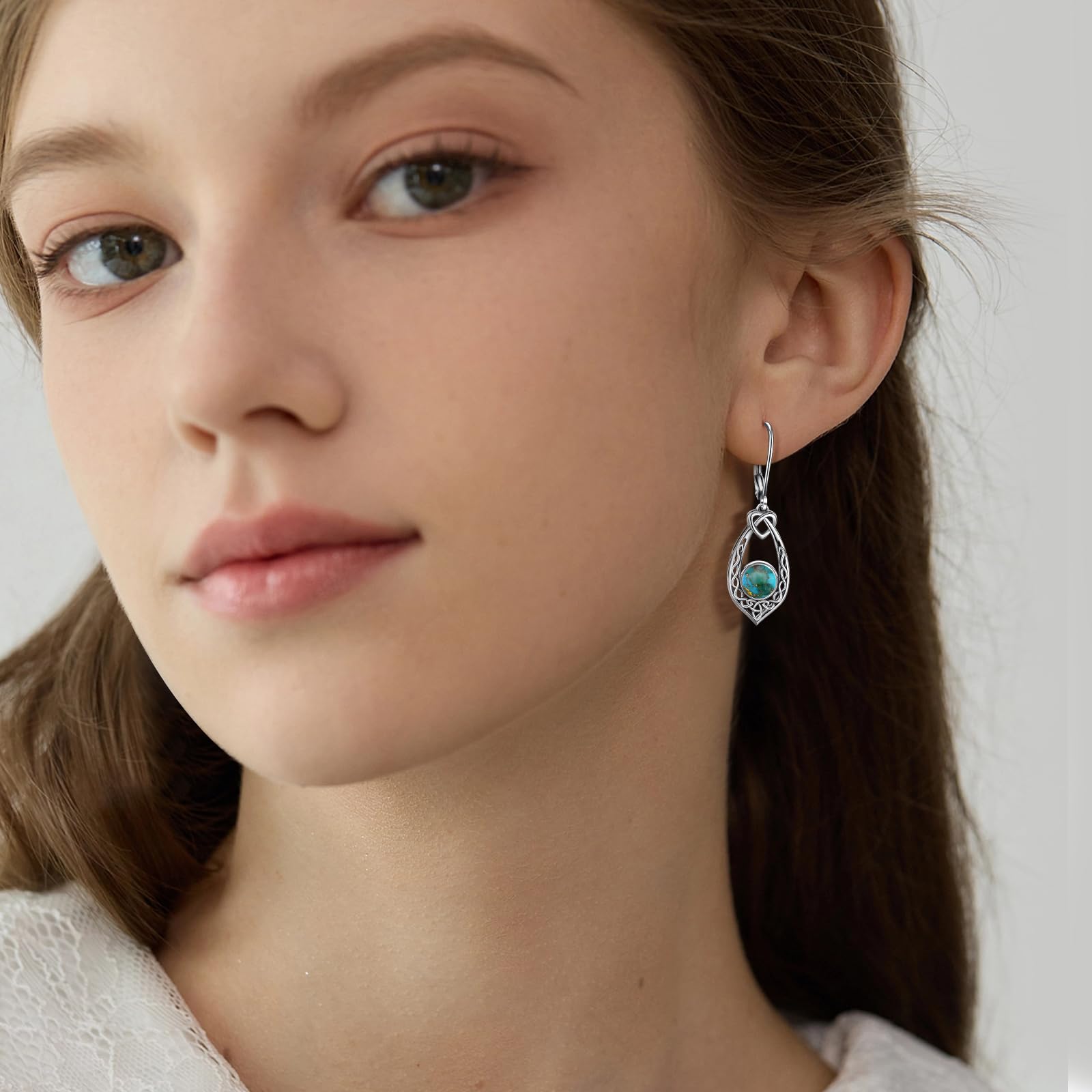 Yaresul Celtic Knot Turquoise Earrings for Women, Vintage 925 Sterling Silver Turquoise Dangle Earrings Celtic Knot Leverback Earrings Valentines Earrings Gifts
