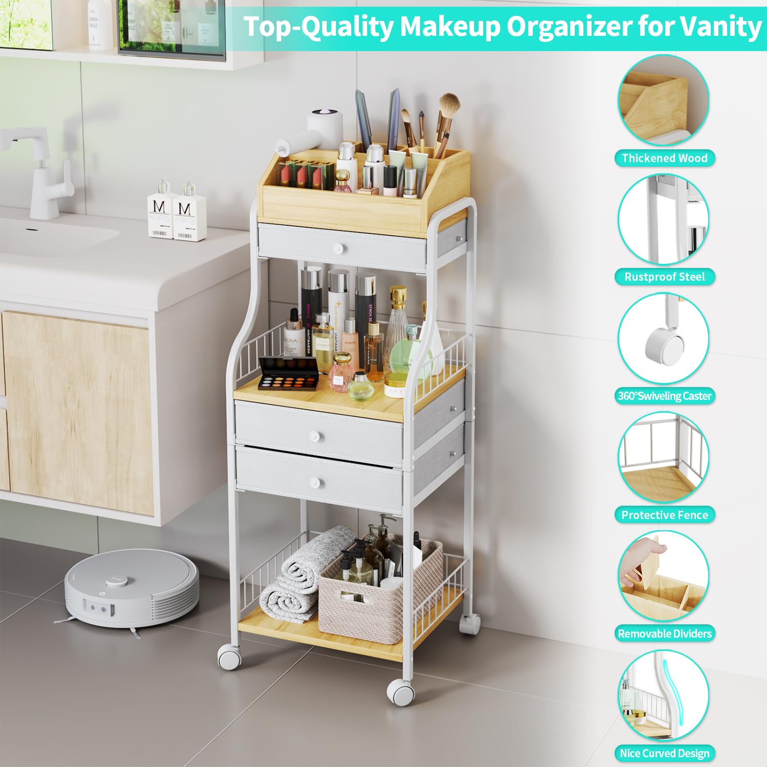 HapiRm Floor Makeup Organizer Storage - Skincare Make Up Organizers and Storage with Drawers, Vanity Organizer Cosmetics Display Cases Holder for Skin Care Nail Polish Perfume Makeup Brush