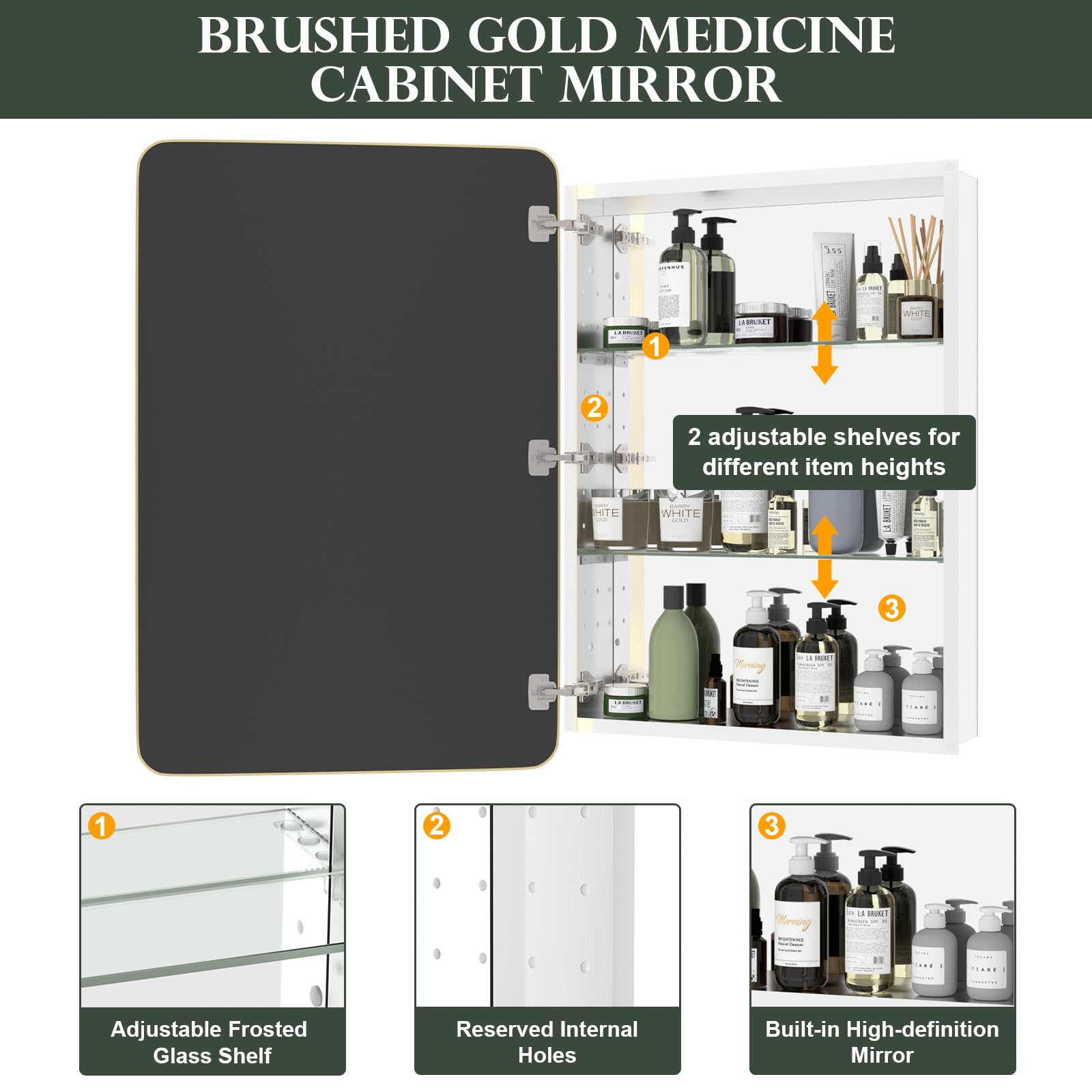 WallBeyond Bathroom Medicine Cabinet with Mirror, 24x36 Inch Gold Recessed Medicine Cabinet with Round Corner Aluminum Alloy Metal Framed, Single Door Modern Medicine Cabinet with Storage